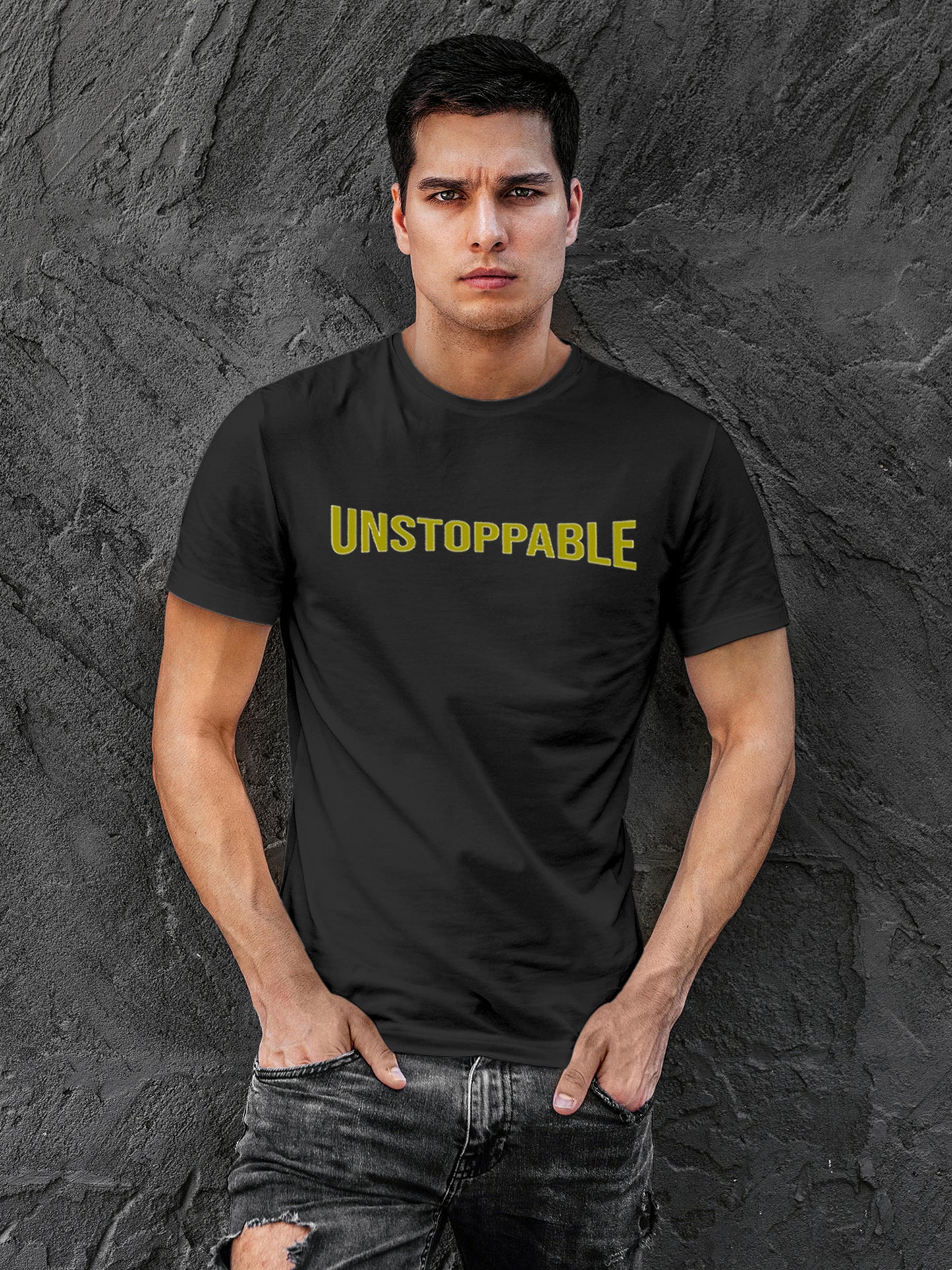 Model wearing Men's Dark Grey Round Neck T-shirt with 'Unstoppable' design, offering effortless style and premium comfort