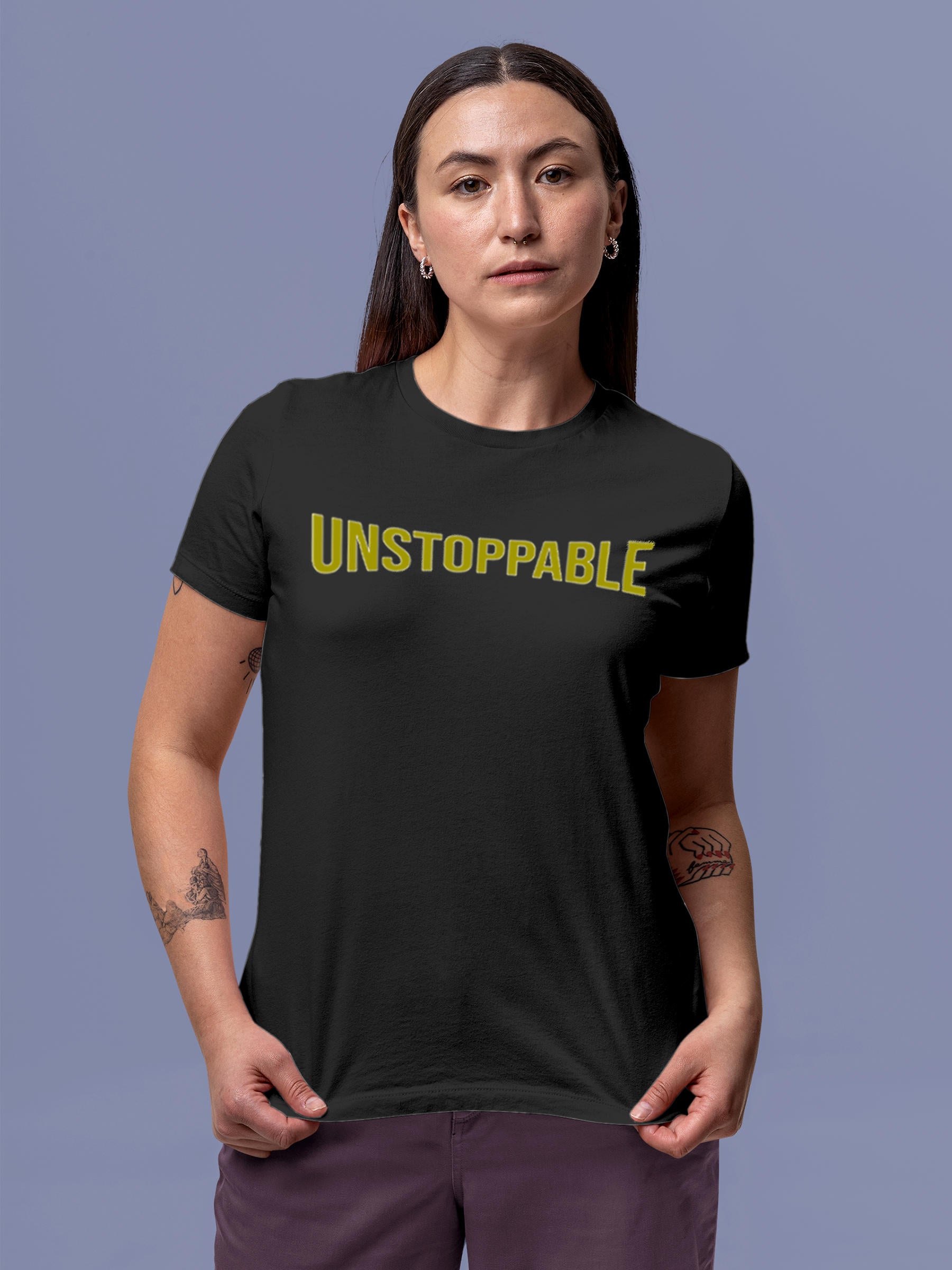 Model wearing Women's Dark Grey Round Neck T-shirt with 'Unstoppable' design, offering effortless style and premium comfort