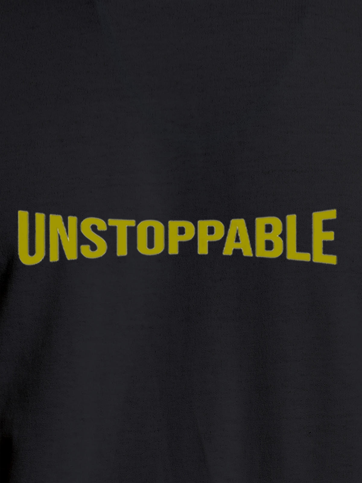 Close up of 'Unstoppable' design on Women's Dark Grey Round Neck T-shirt, highlighting intricate details and vibrant print.