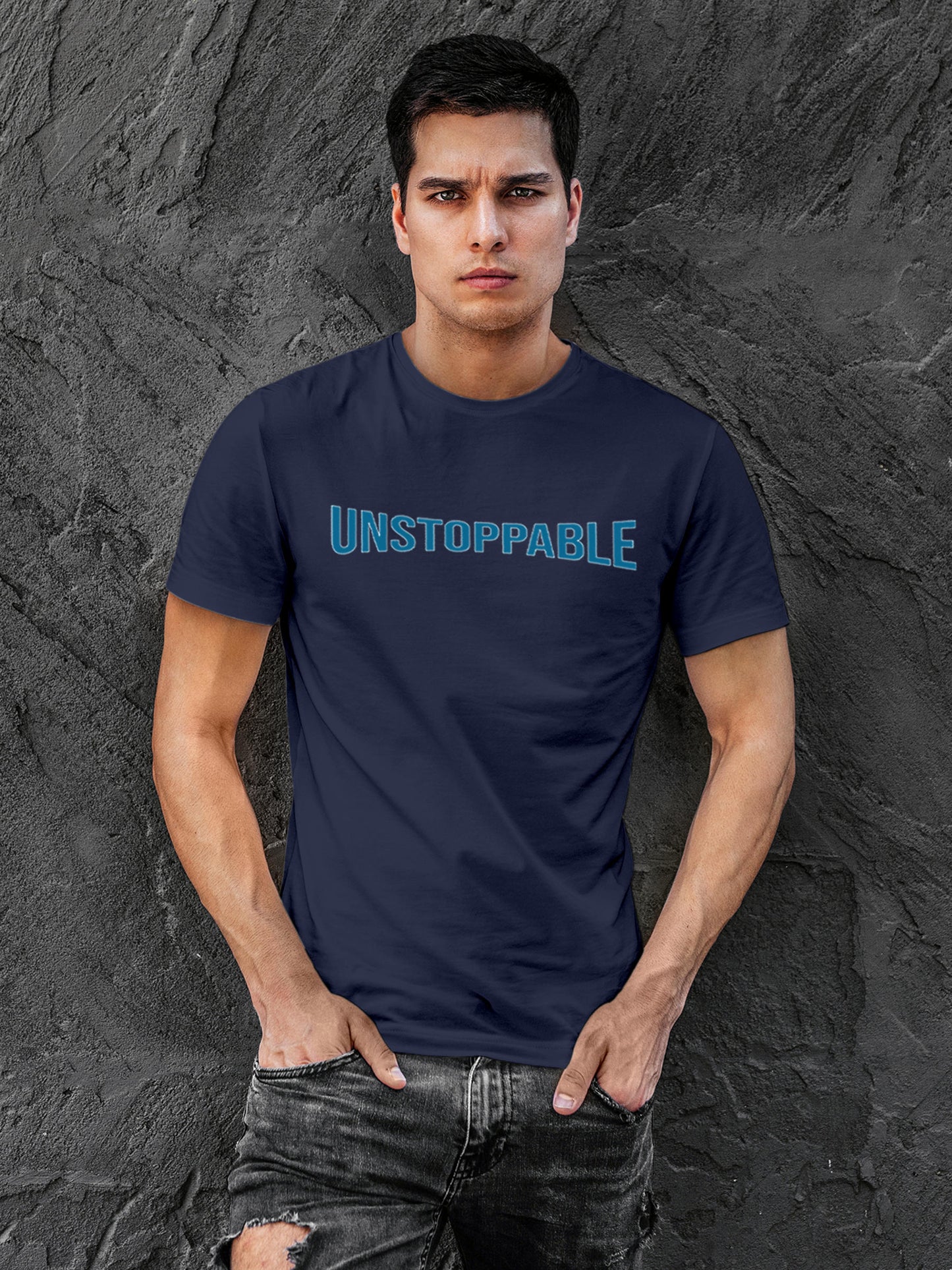 Model wearing Men's Navy Blue Round Neck T-shirt with 'Unstoppable' design, offering effortless style and premium comfort
