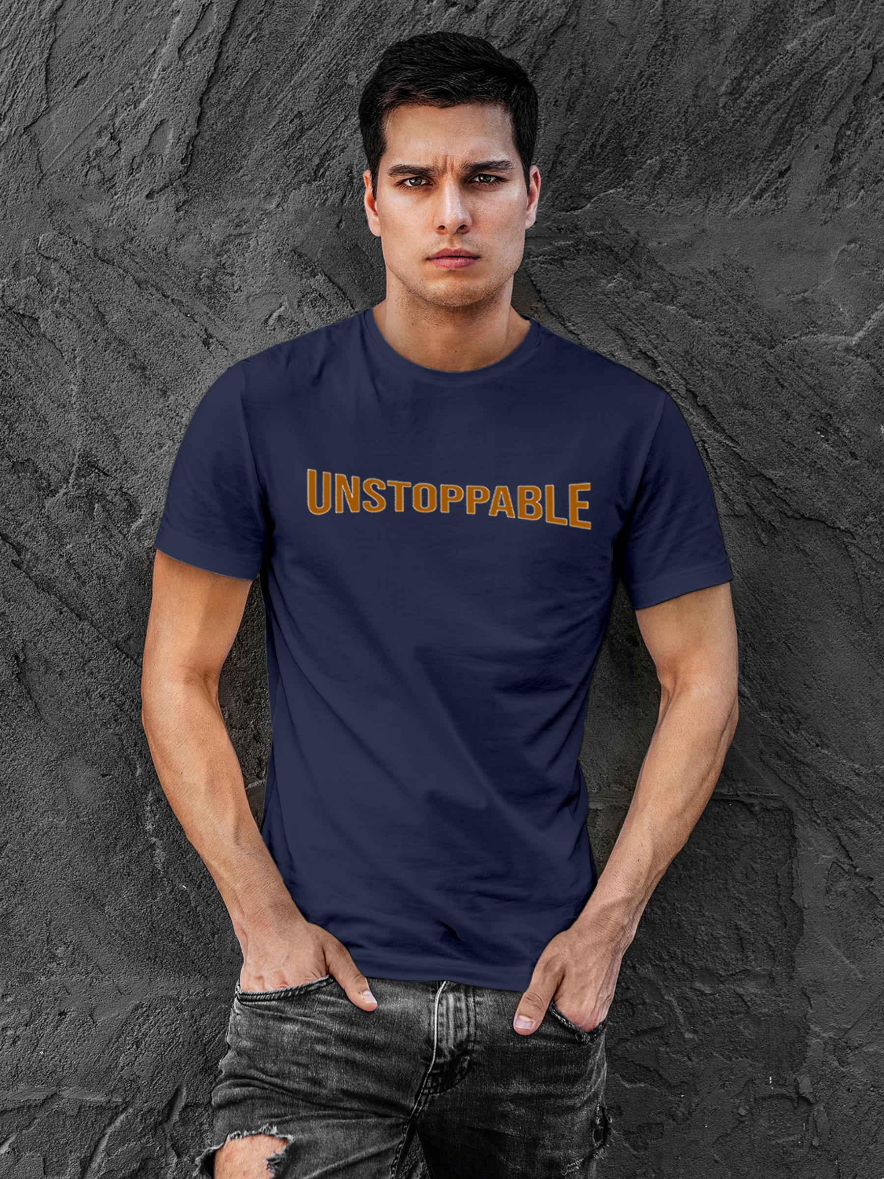 Model wearing Men's Navy Blue Round Neck T-shirt with 'Unstoppable' design, offering effortless style and premium comfort