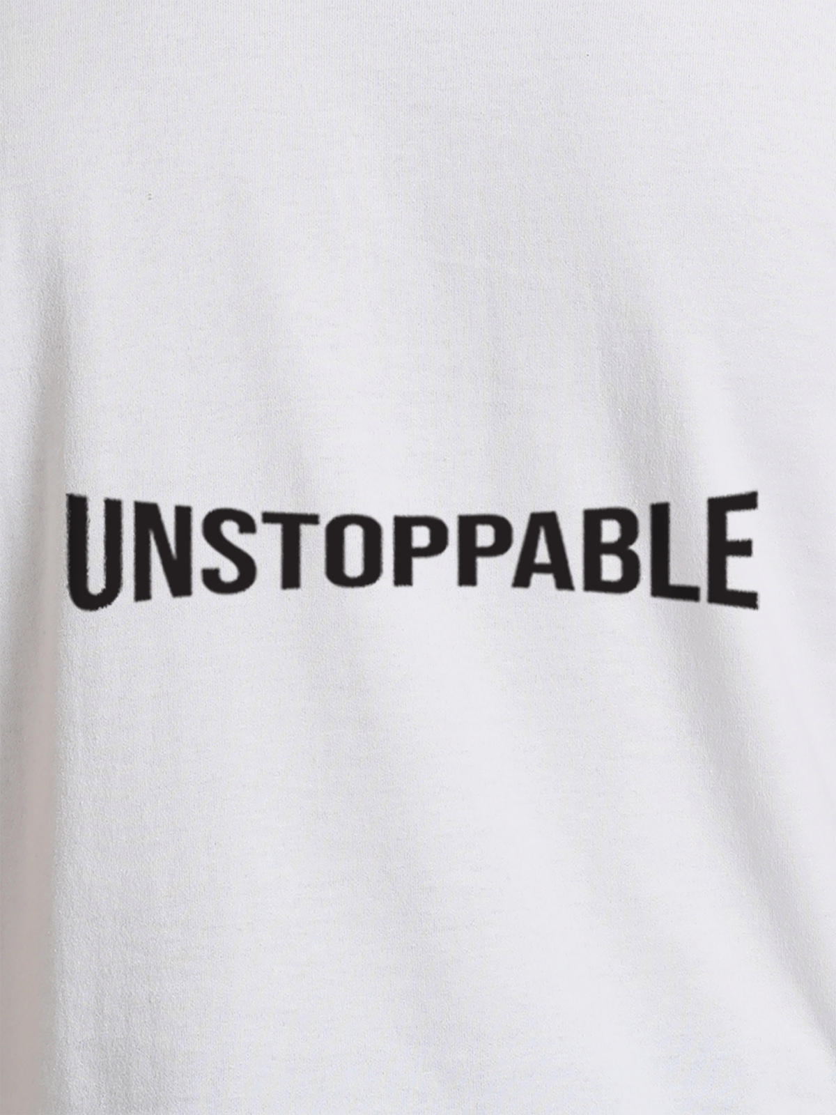 Close up of 'Unstoppable' design on Men's White Round Neck T-shirt, highlighting intricate details and vibrant print.