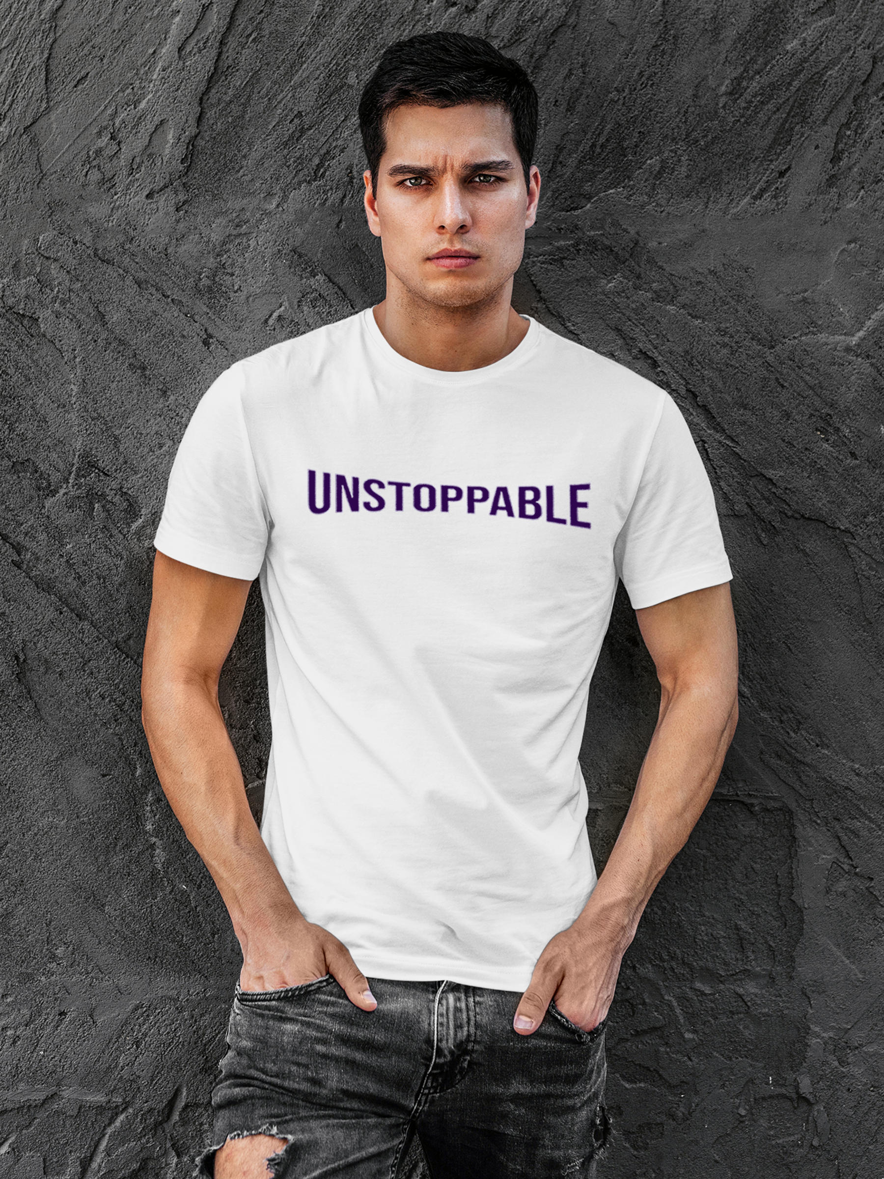 Model wearing Men's White Round Neck T-shirt with 'Unstoppable' design, offering effortless style and premium comfort