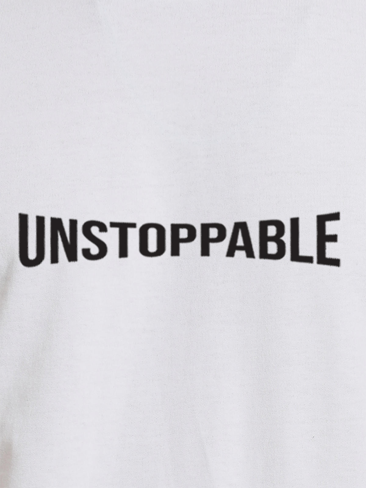 Close up of 'Unstoppable' design on Women's White Round Neck T-shirt, highlighting intricate details and vibrant print.