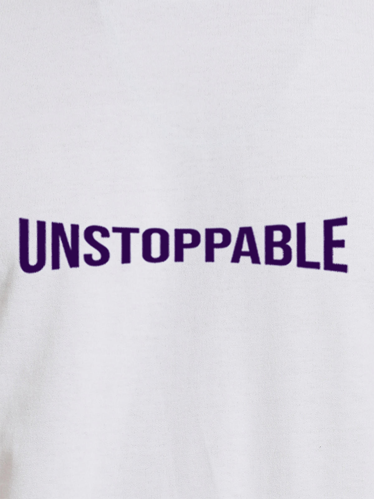 Close up of 'Unstoppable' design on Women's White Round Neck T-shirt, highlighting intricate details and vibrant print.