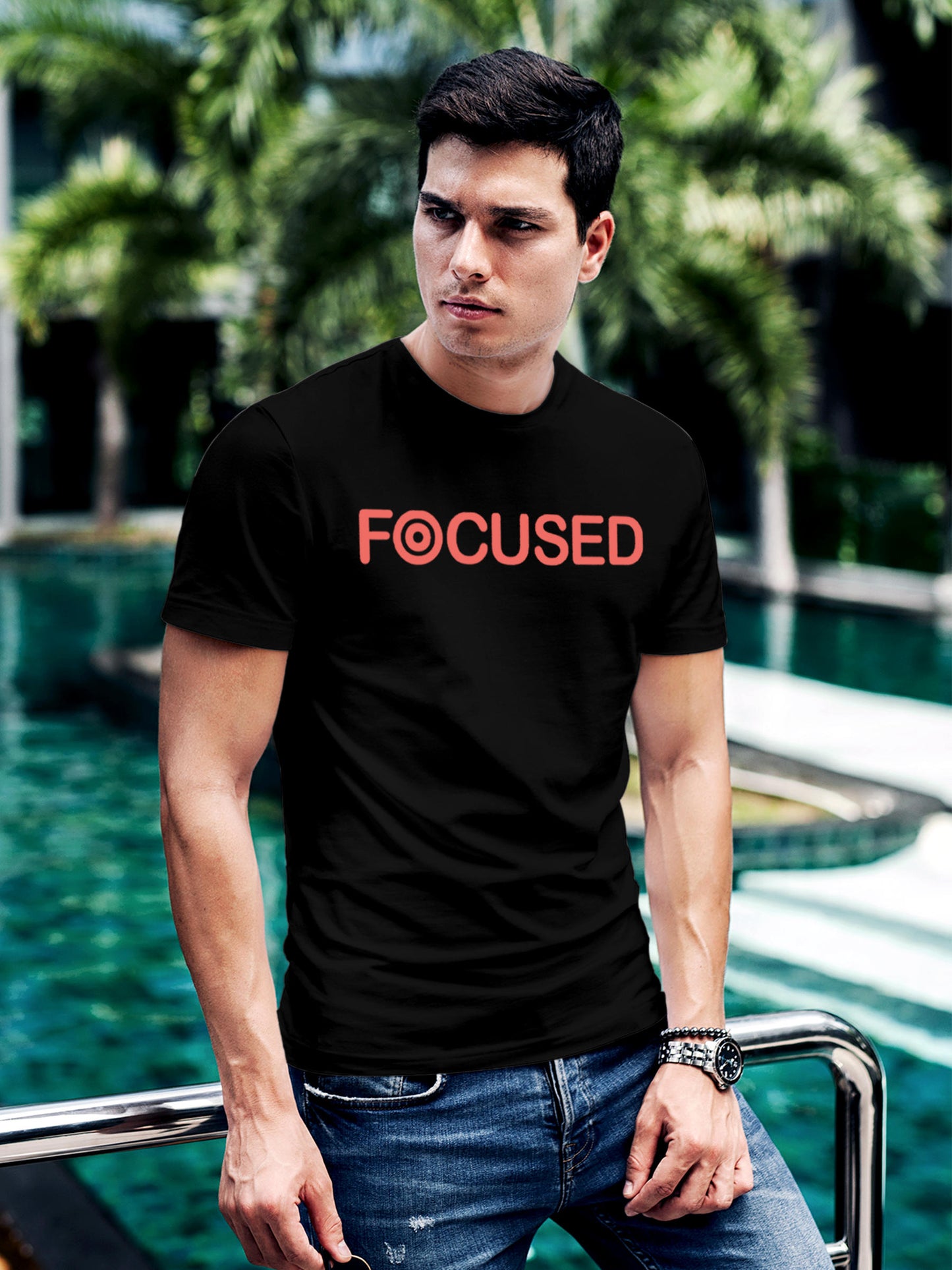 Model wearing Men's Black Round Neck T-shirt with 'Focused' design, offering effortless style and premium comfort
