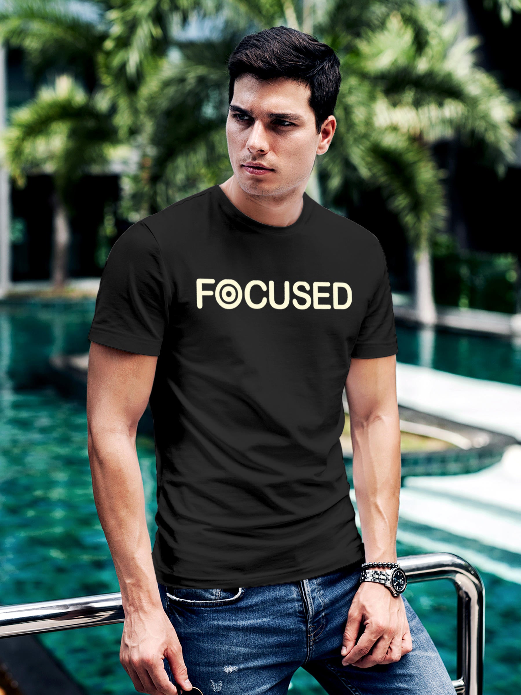 Model wearing Men's Dark Grey Round Neck T-shirt with 'Focused' design, offering effortless style and premium comfort