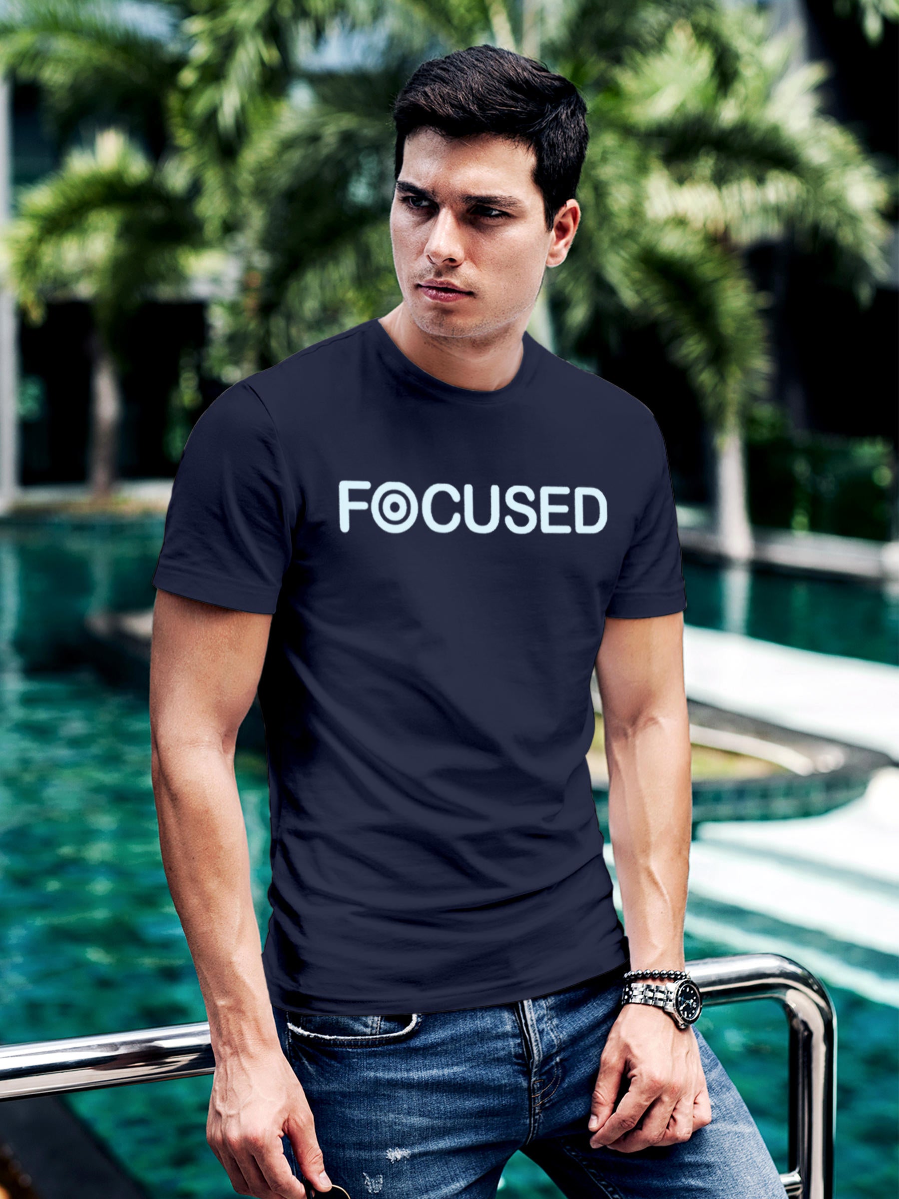 Model wearing Men's Navy Blue Round Neck T-shirt with 'Focused' design, offering effortless style and premium comfort