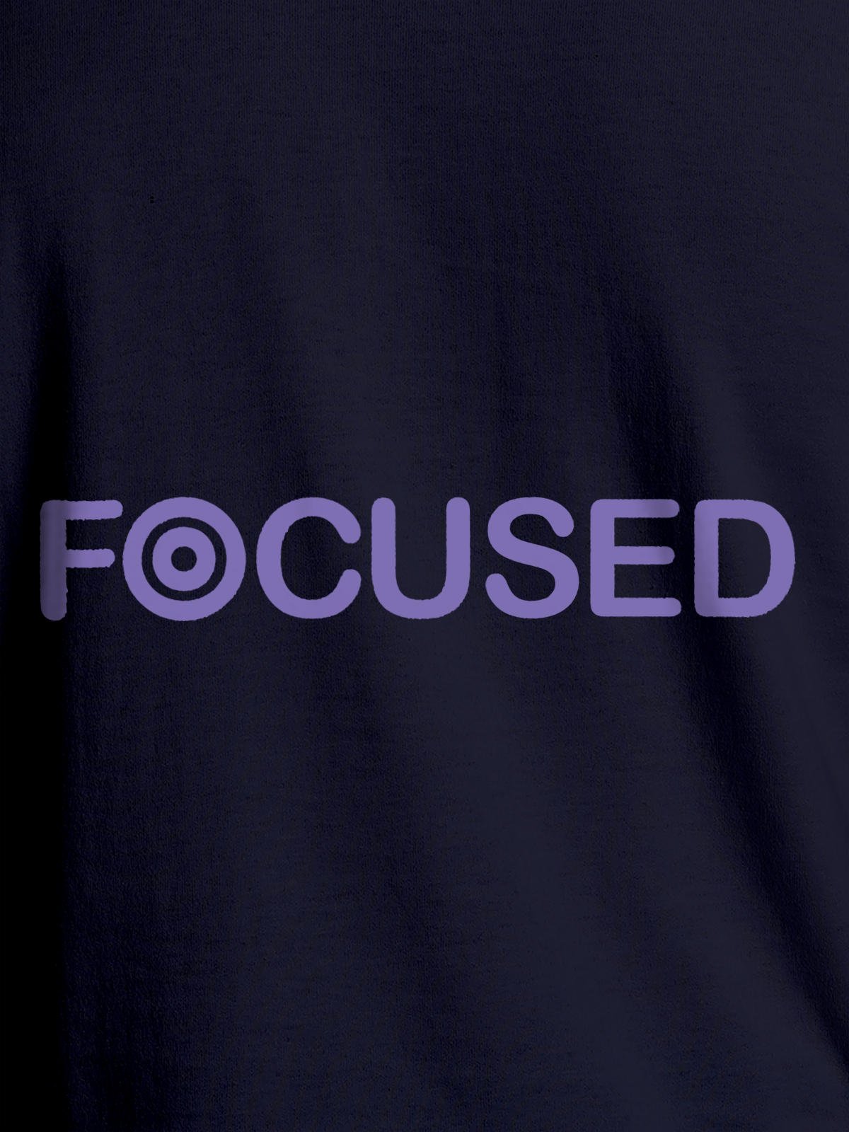 Close up of 'Focused' design on Women's Navy Blue Round Neck T-shirt, highlighting intricate details and vibrant print.