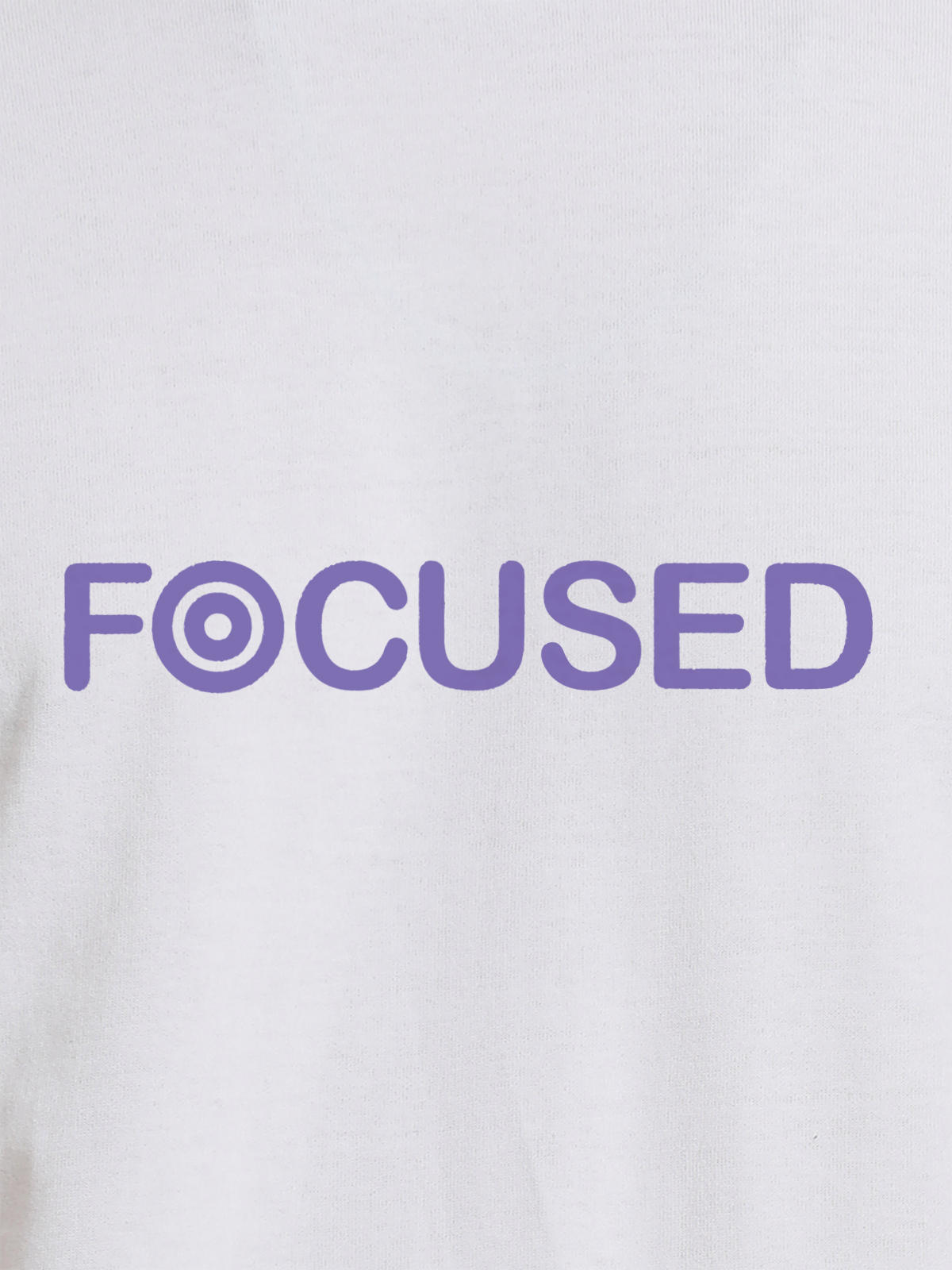 Close up of 'Focused' design on Men's White Round Neck T-shirt, highlighting intricate details and vibrant print.