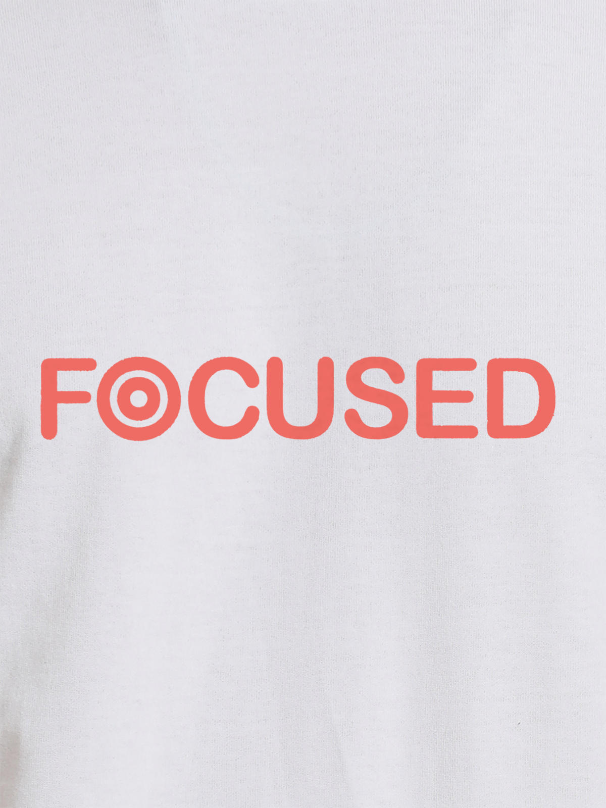 Close up of 'Focused' design on Men's White Round Neck T-shirt, highlighting intricate details and vibrant print.