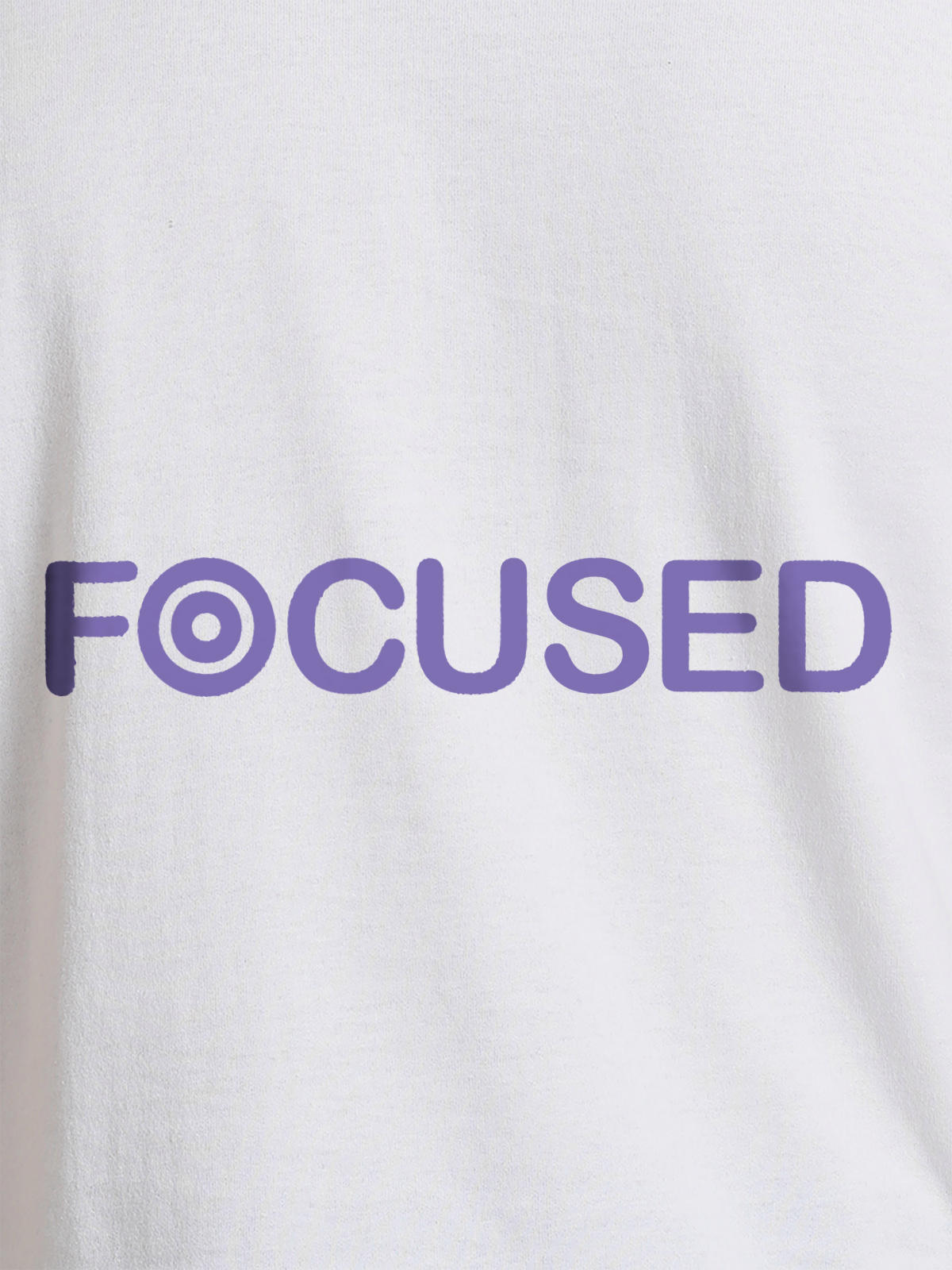 Close up of 'Focused' design on Women's White Round Neck T-shirt, highlighting intricate details and vibrant print.