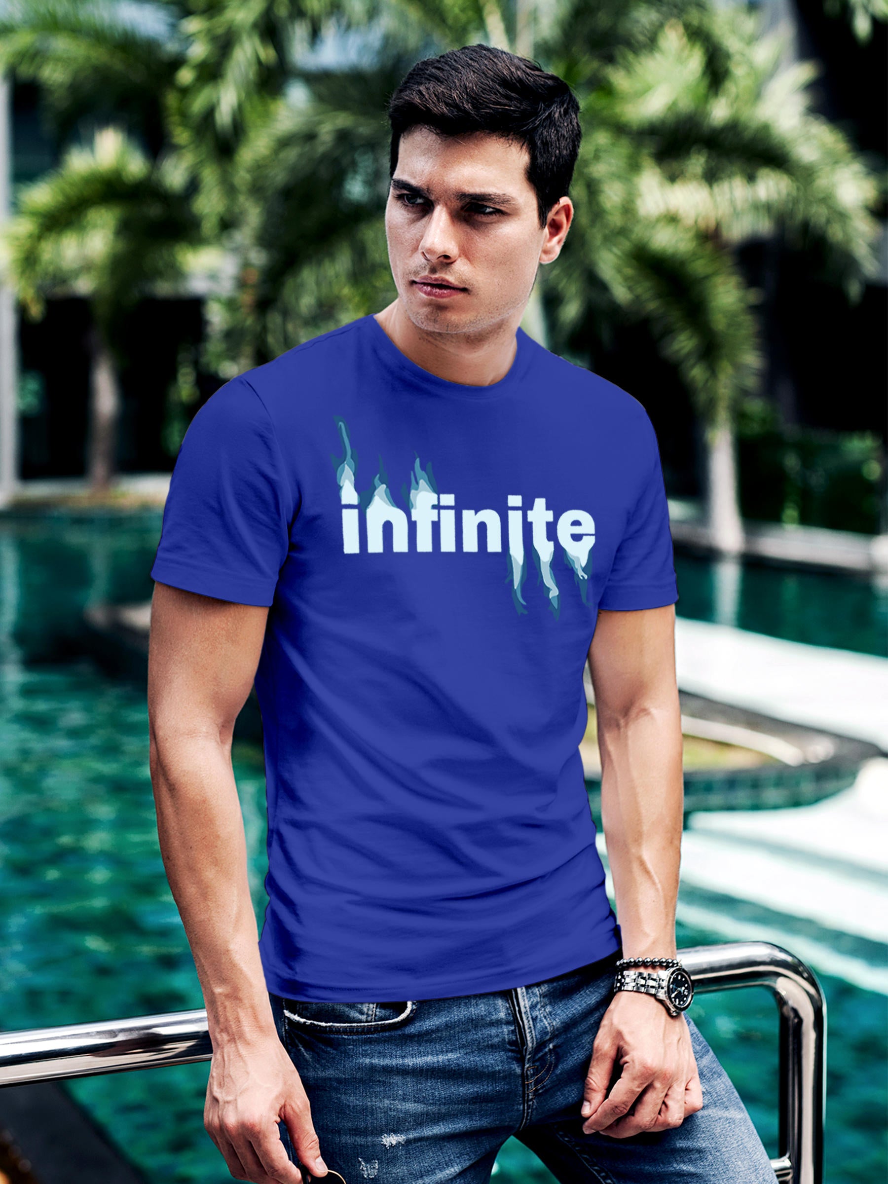 Model wearing Men's Blue Round Neck T-shirt with 'Infinite' design, offering effortless style and premium comfort