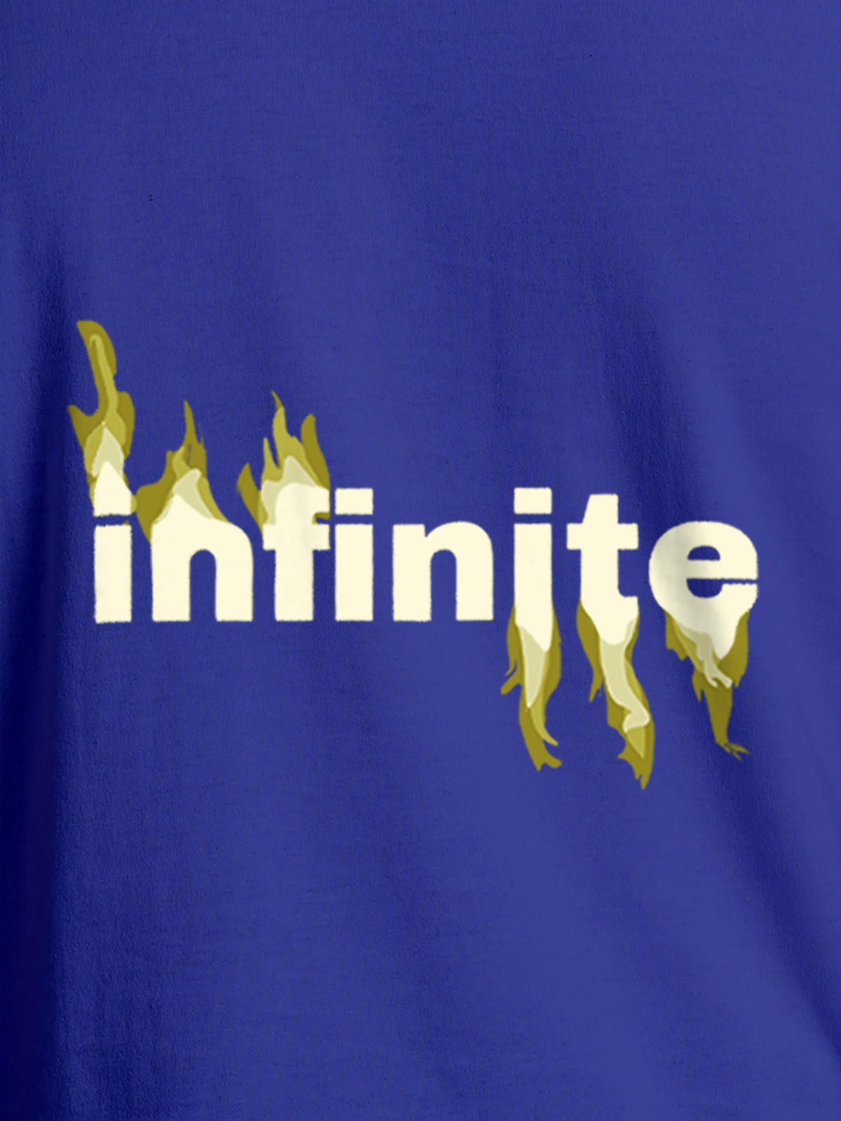 Close up of 'Infinite' design on Men's Blue Round Neck T-shirt, highlighting intricate details and vibrant print.