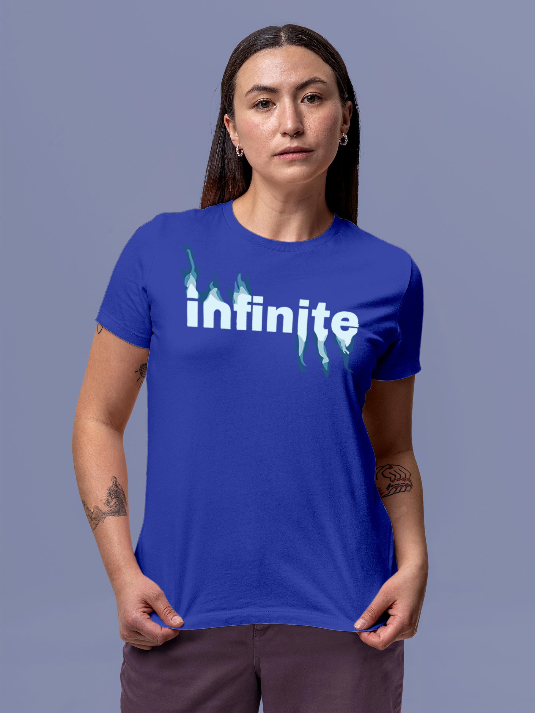 Model wearing Women's Blue Round Neck T-shirt with 'Infinite' design, offering effortless style and premium comfort