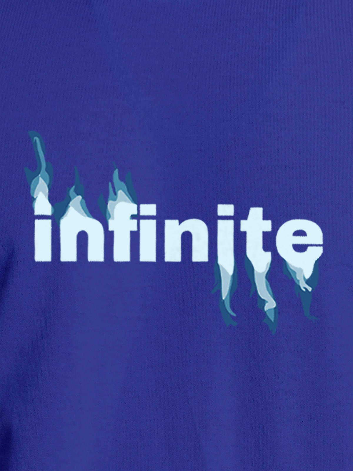 Close up of 'Infinite' design on Women's Blue Round Neck T-shirt, highlighting intricate details and vibrant print.