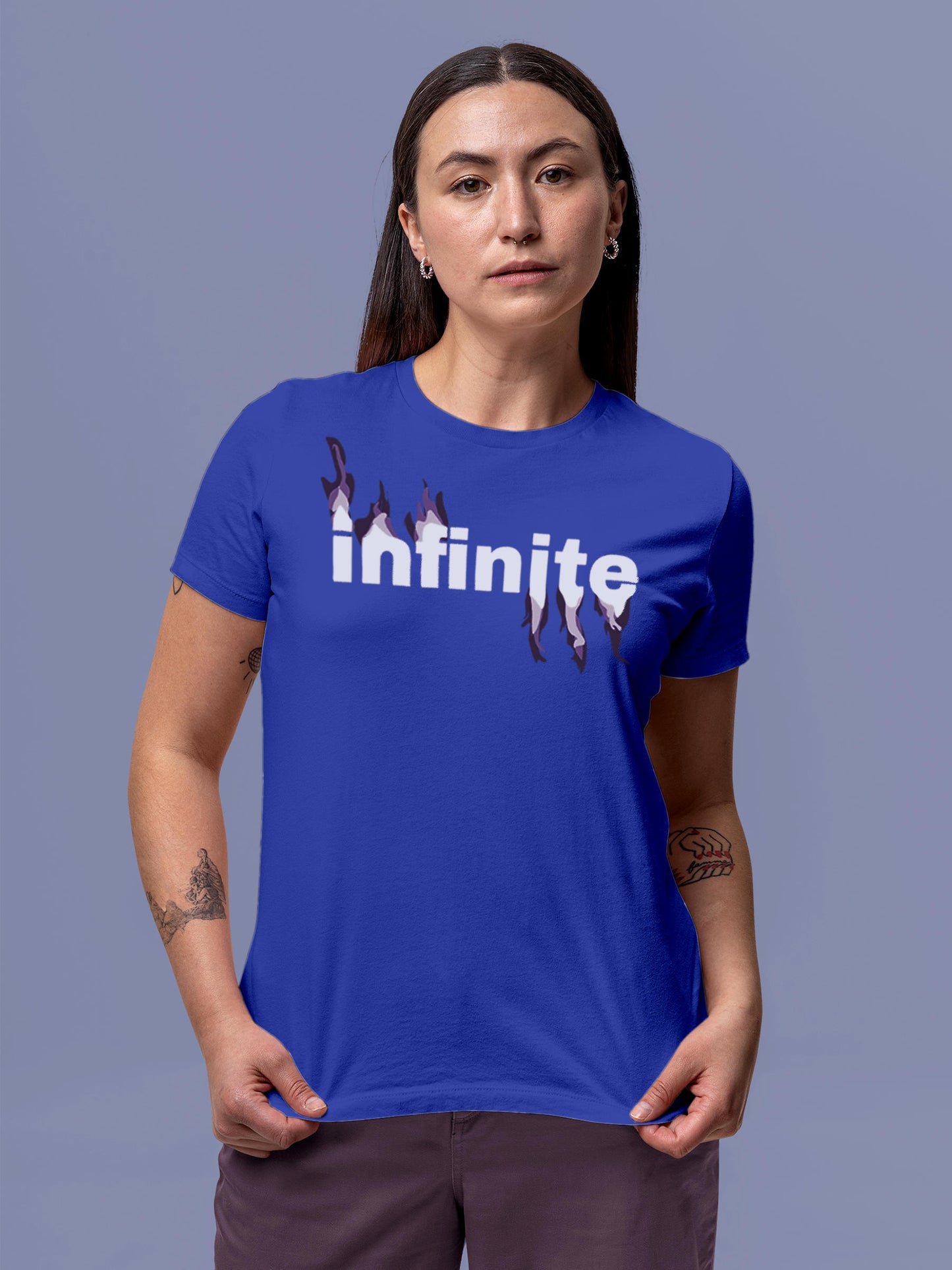 Model wearing Women's Blue Round Neck T-shirt with 'Infinite' design, offering effortless style and premium comfort