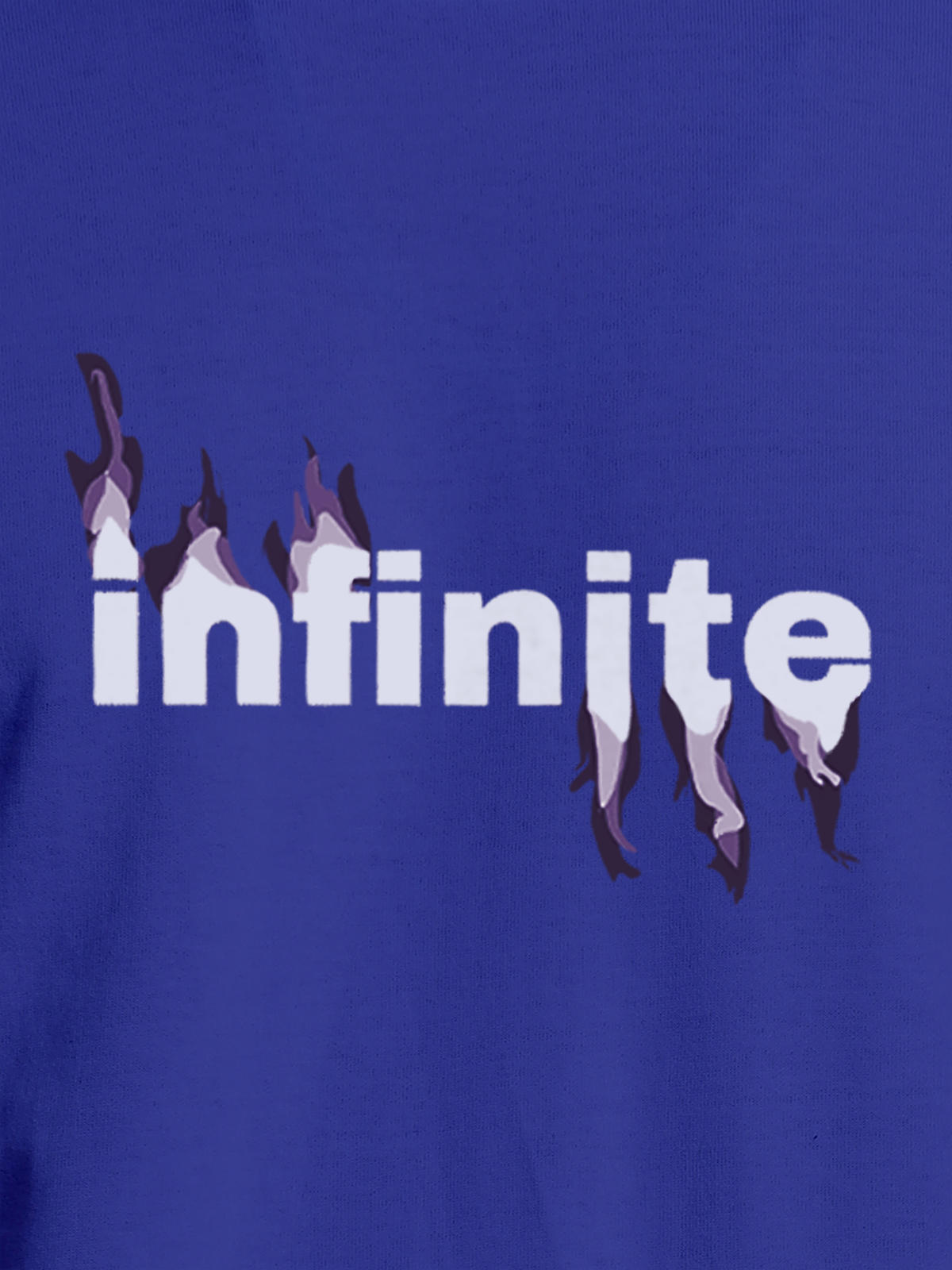 Close up of 'Infinite' design on Women's Blue Round Neck T-shirt, highlighting intricate details and vibrant print.