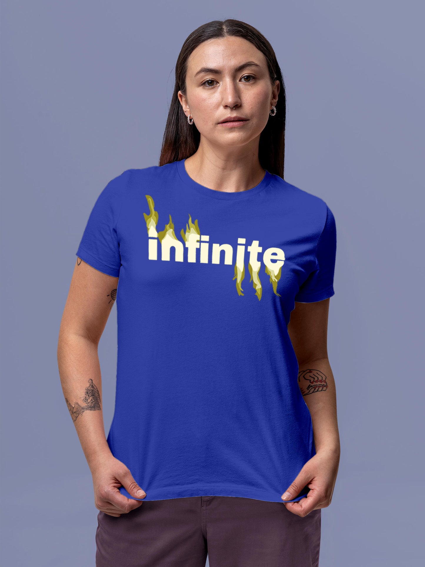 Model wearing Women's Blue Round Neck T-shirt with 'Infinite' design, offering effortless style and premium comfort