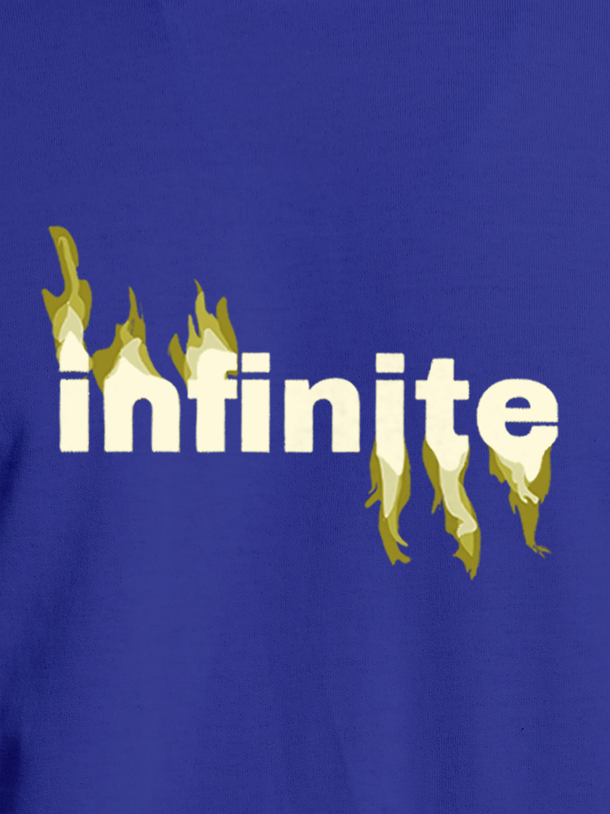Close up of 'Infinite' design on Women's Blue Round Neck T-shirt, highlighting intricate details and vibrant print.