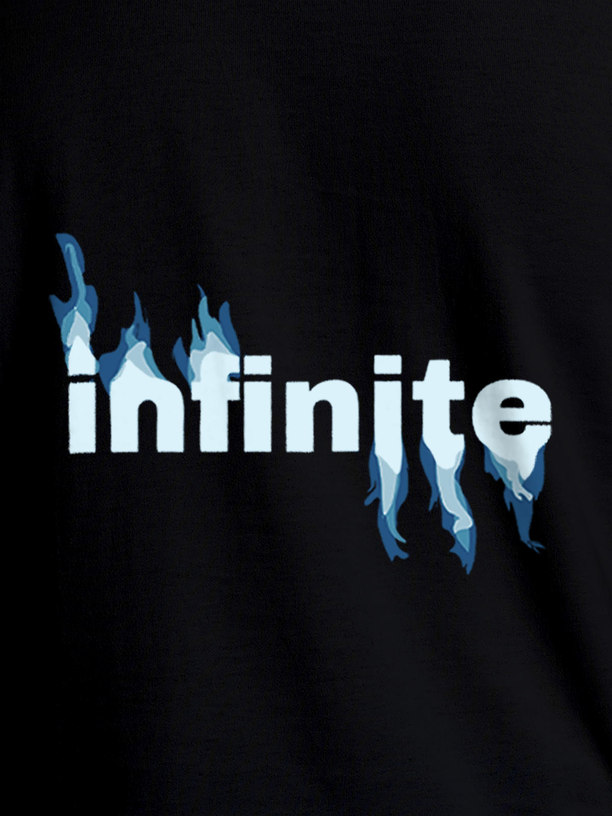 Close up of 'Infinite' design on Men's Black Round Neck T-shirt, highlighting intricate details and vibrant print.