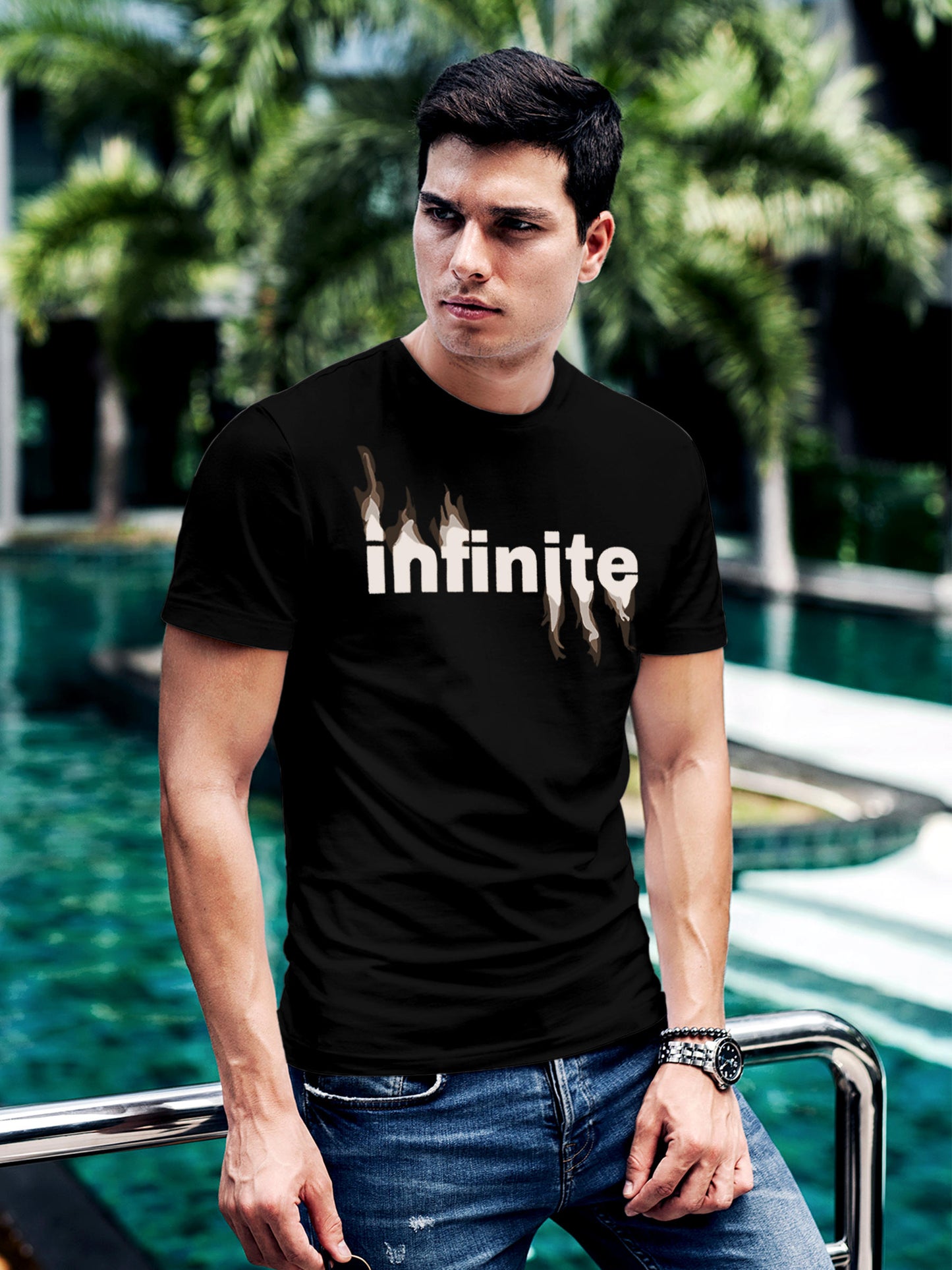 Model wearing Men's Black Round Neck T-shirt with 'Infinite' design, offering effortless style and premium comfort