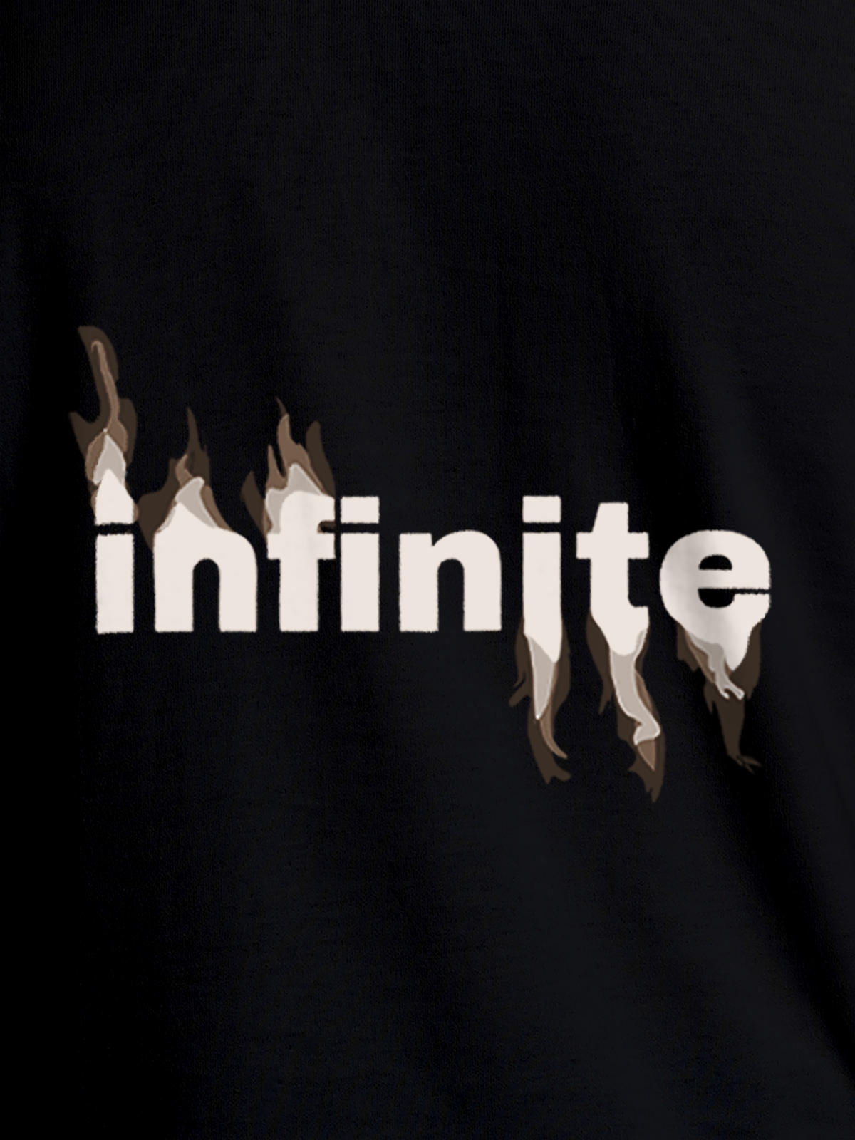 Close up of 'Infinite' design on Men's Black Round Neck T-shirt, highlighting intricate details and vibrant print.