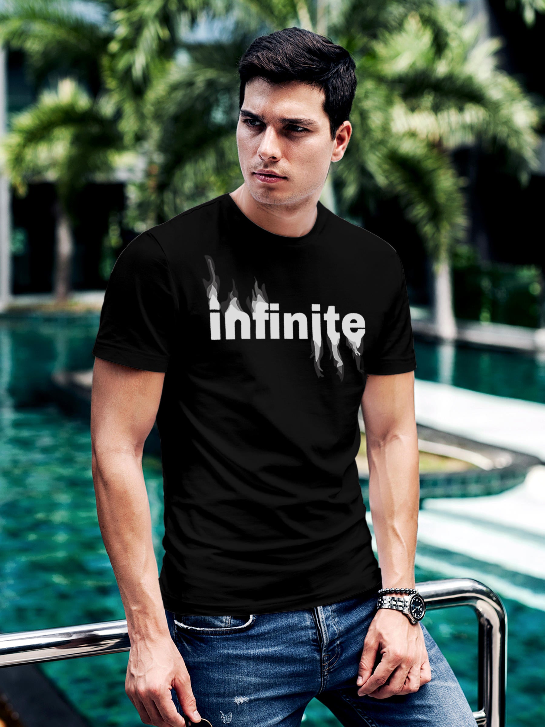 Model wearing Men's Black Round Neck T-shirt with 'Infinite' design, offering effortless style and premium comfort