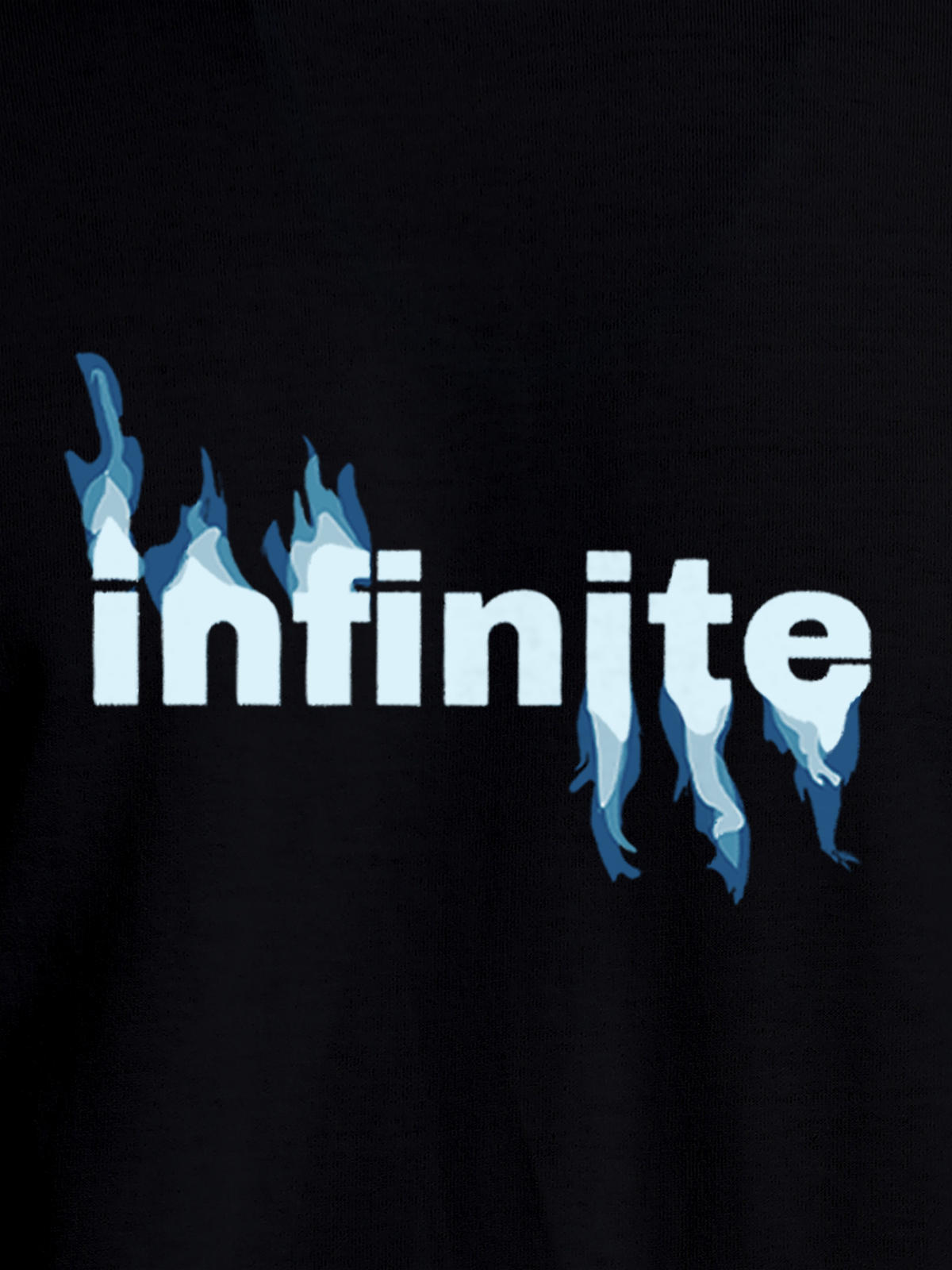 Close up of 'Infinite' design on Women's Black Round Neck T-shirt, highlighting intricate details and vibrant print.