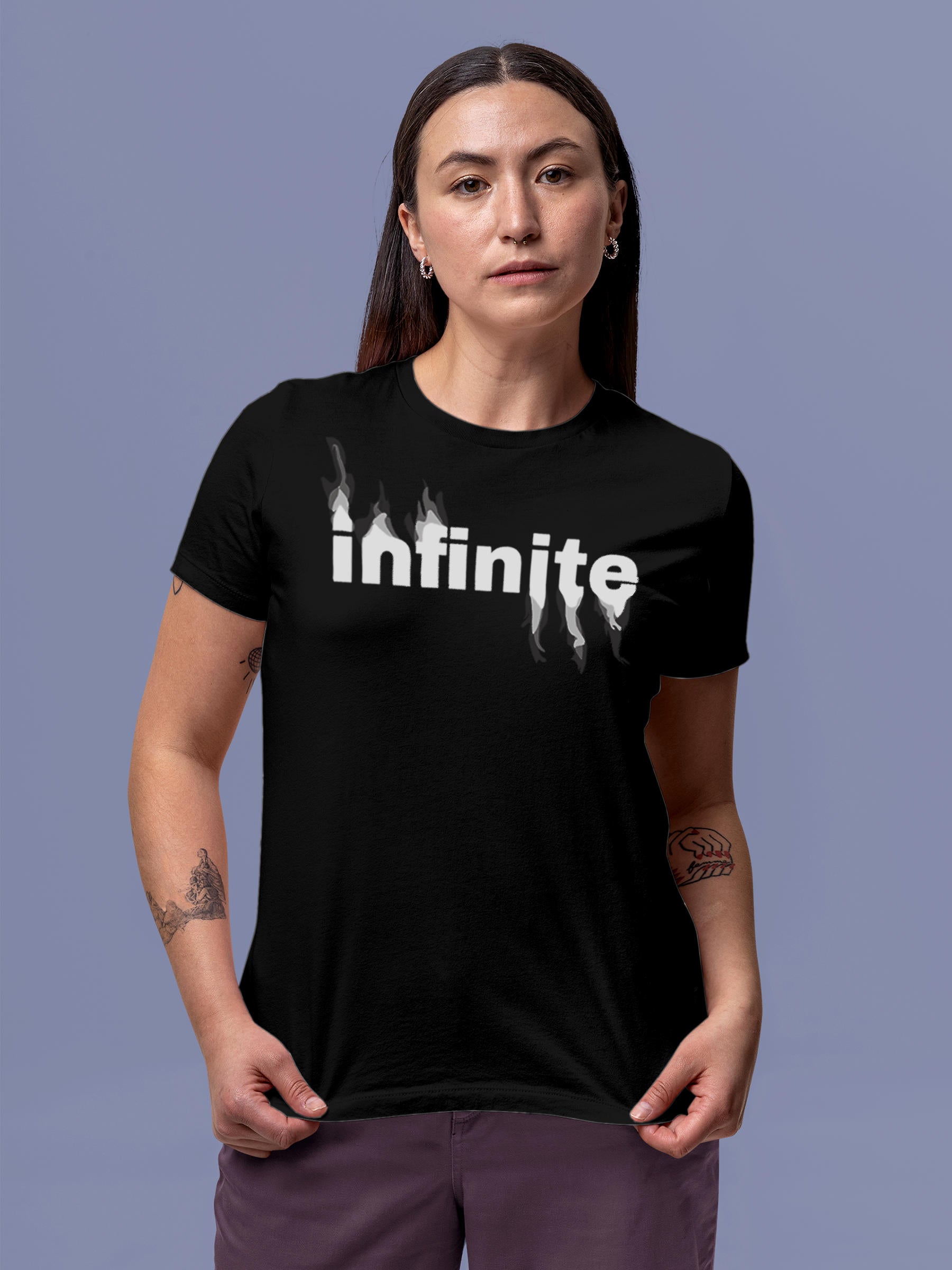 Model wearing Women's Black Round Neck T-shirt with 'Infinite' design, offering effortless style and premium comfort