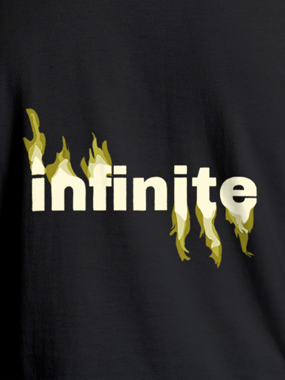 Close up of 'Infinite' design on Men's Dark Grey Round Neck T-shirt, highlighting intricate details and vibrant print.