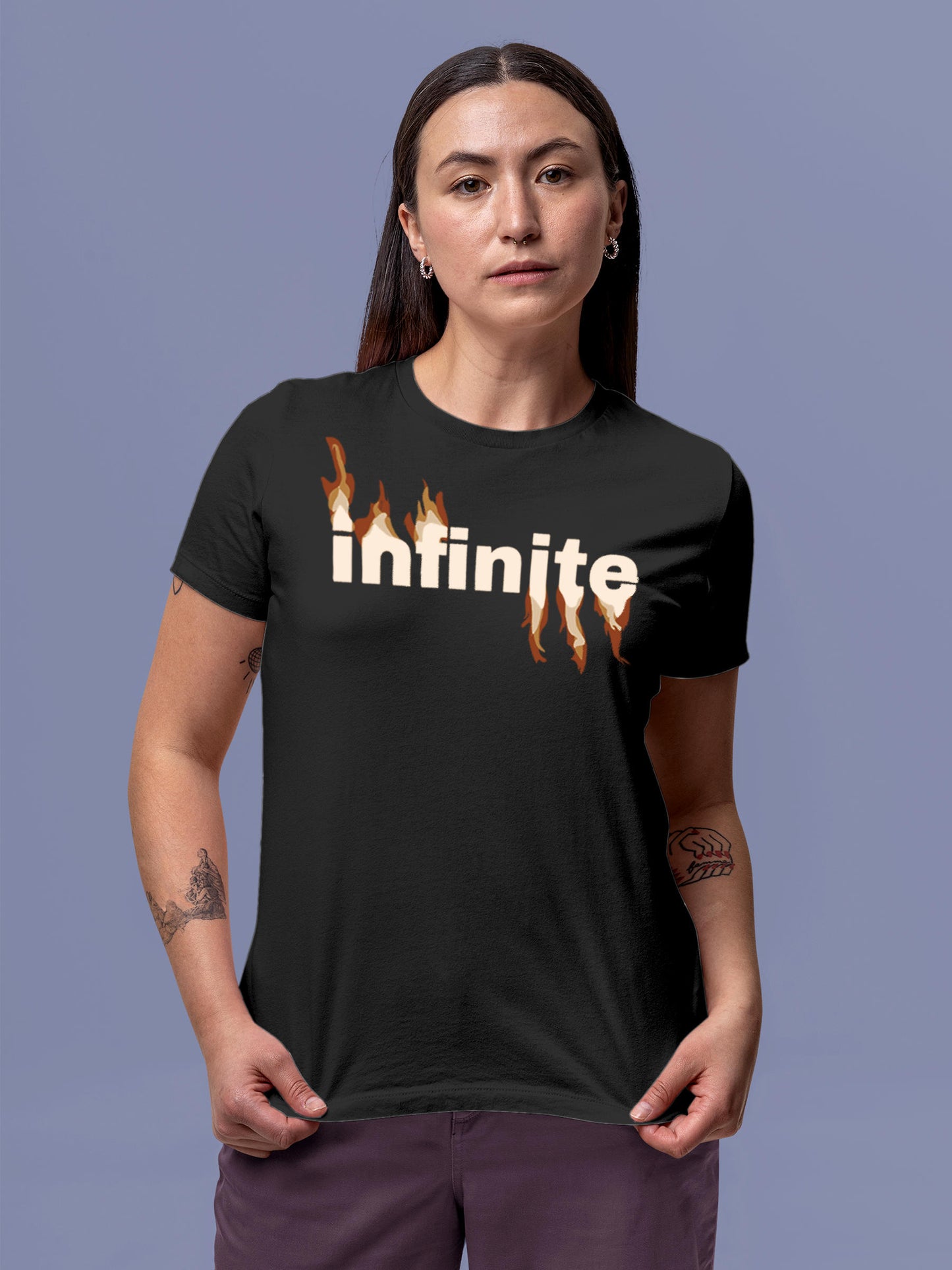 Model wearing Women's Dark Grey Round Neck T-shirt with 'Infinite' design, offering effortless style and premium comfort