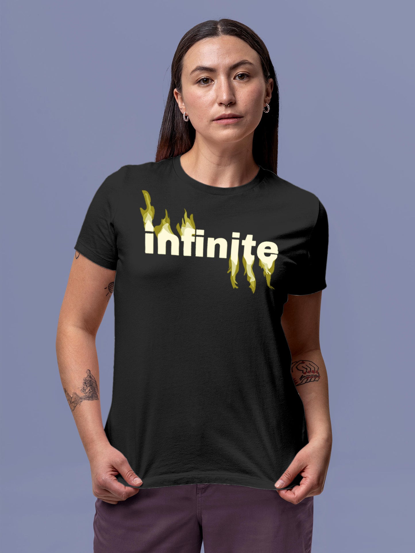 Model wearing Women's Dark Grey Round Neck T-shirt with 'Infinite' design, offering effortless style and premium comfort