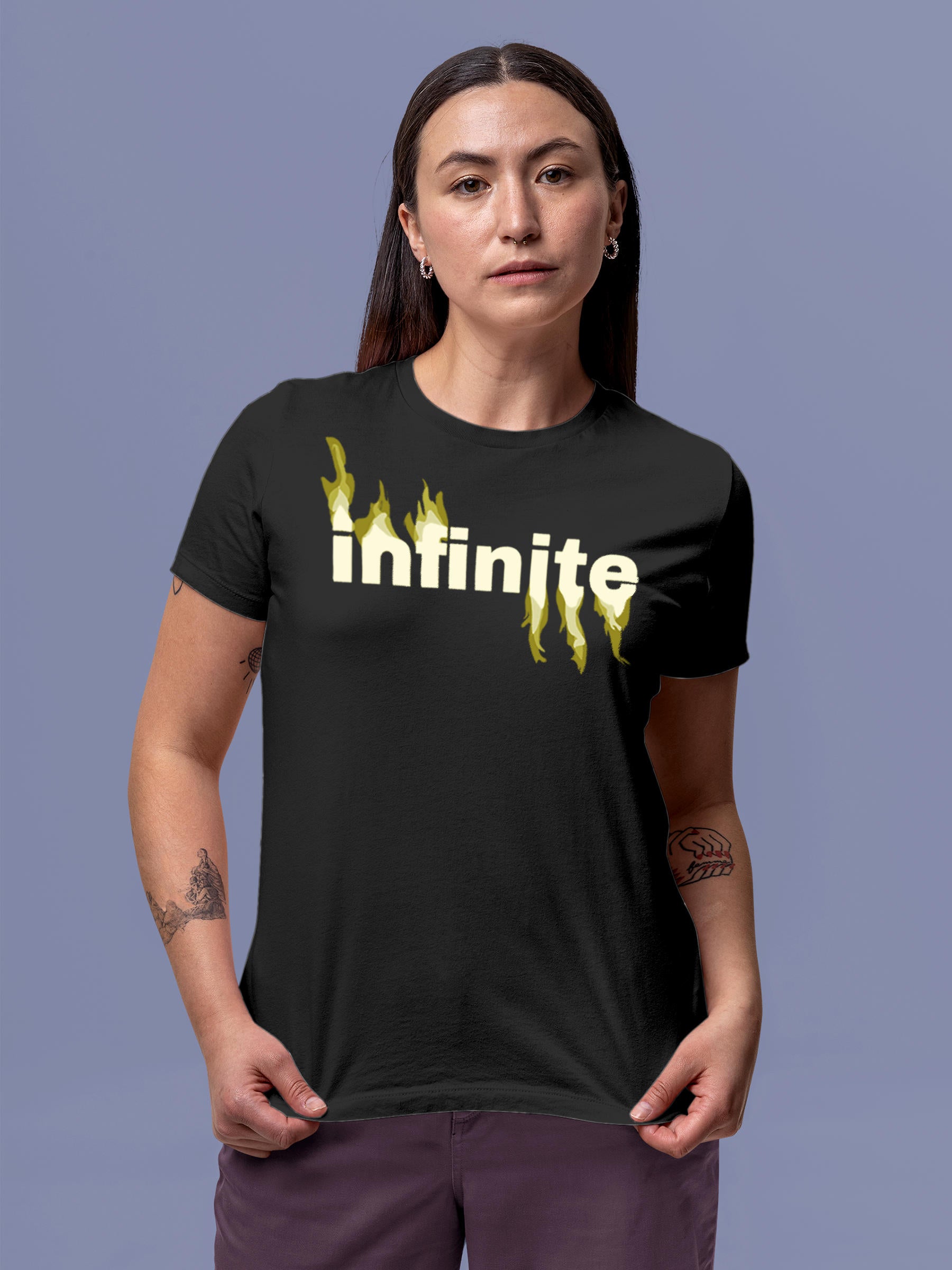 Model wearing Women's Dark Grey Round Neck T-shirt with 'Infinite' design, offering effortless style and premium comfort