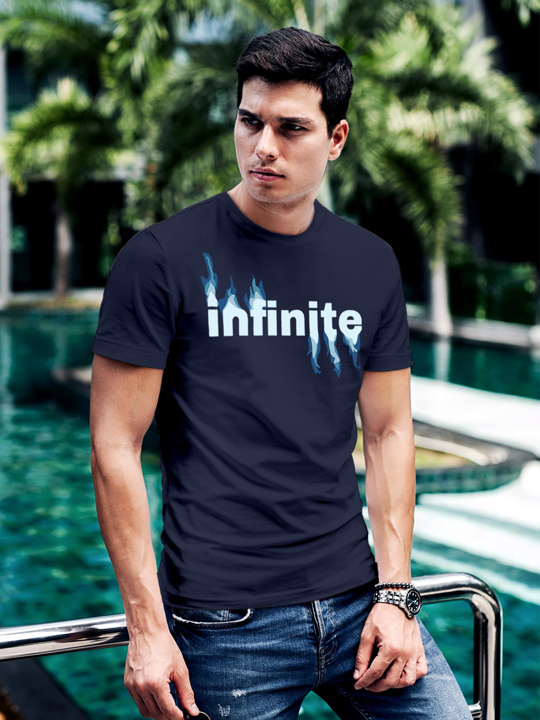 Model wearing Men's Navy Blue Round Neck T-shirt with 'Infinite' design, offering effortless style and premium comfort