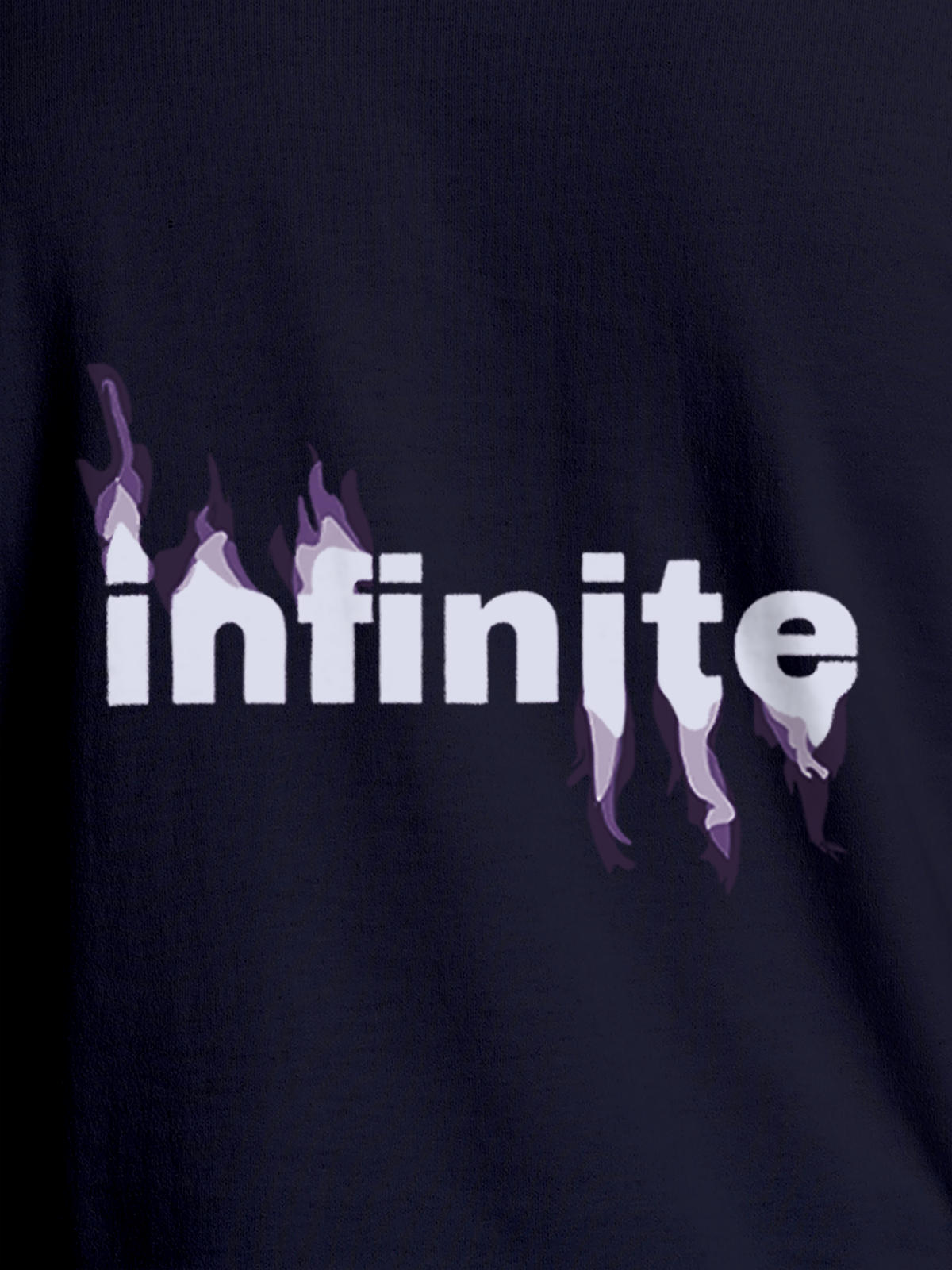 Close up of 'Infinite' design on Men's Navy Blue Round Neck T-shirt, highlighting intricate details and vibrant print.