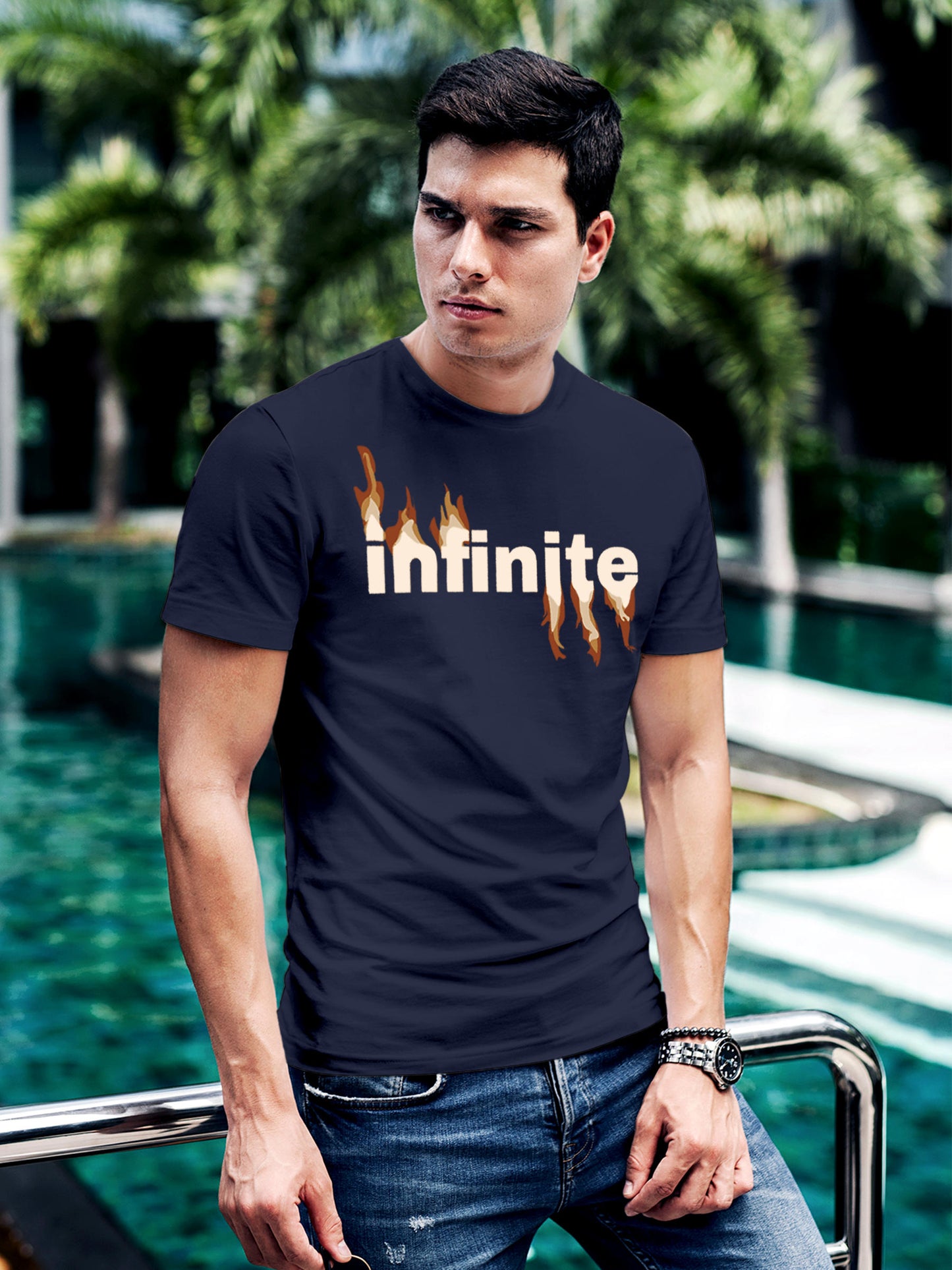 Model wearing Men's Navy Blue Round Neck T-shirt with 'Infinite' design, offering effortless style and premium comfort
