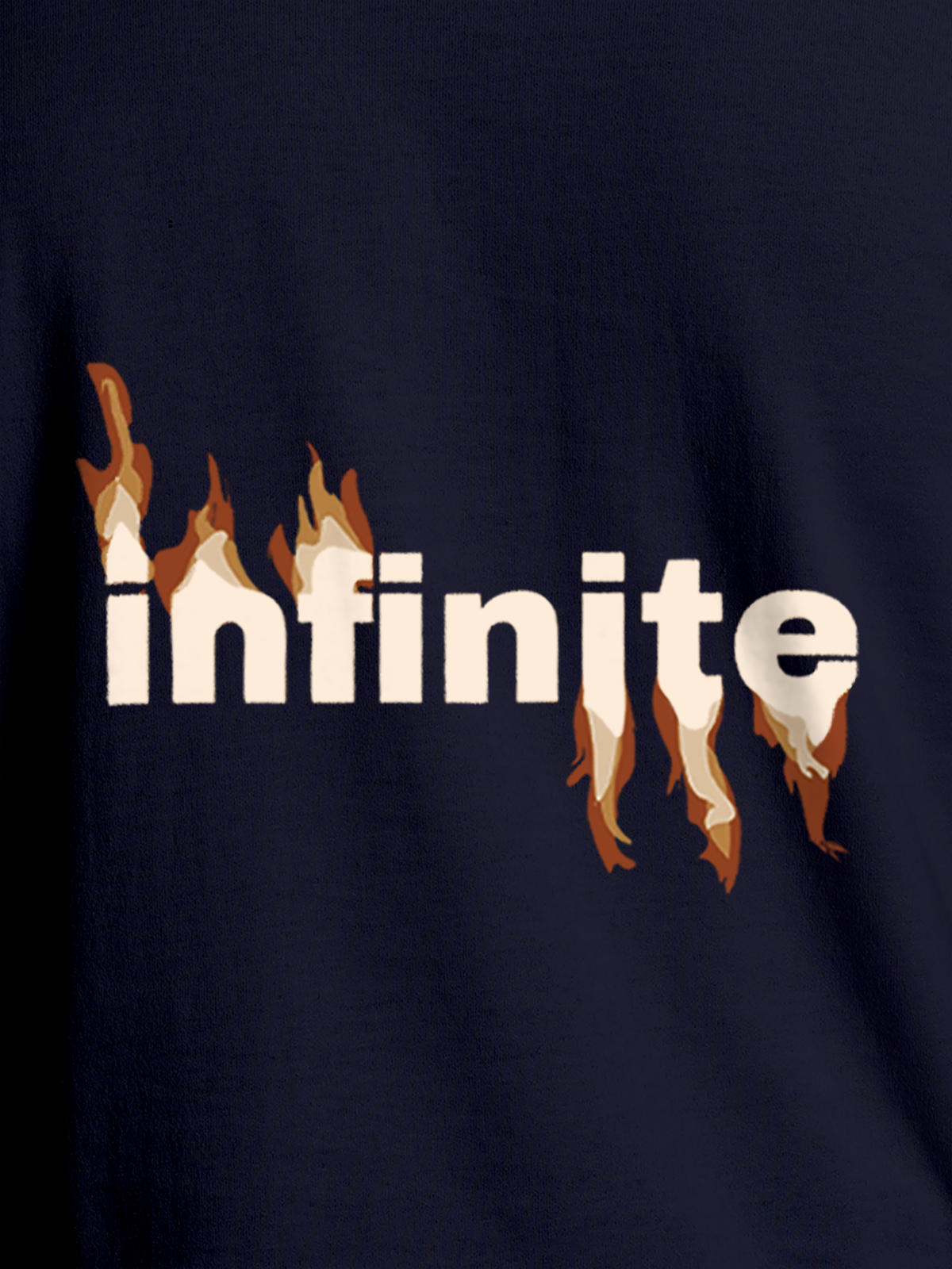 Close up of 'Infinite' design on Men's Navy Blue Round Neck T-shirt, highlighting intricate details and vibrant print.