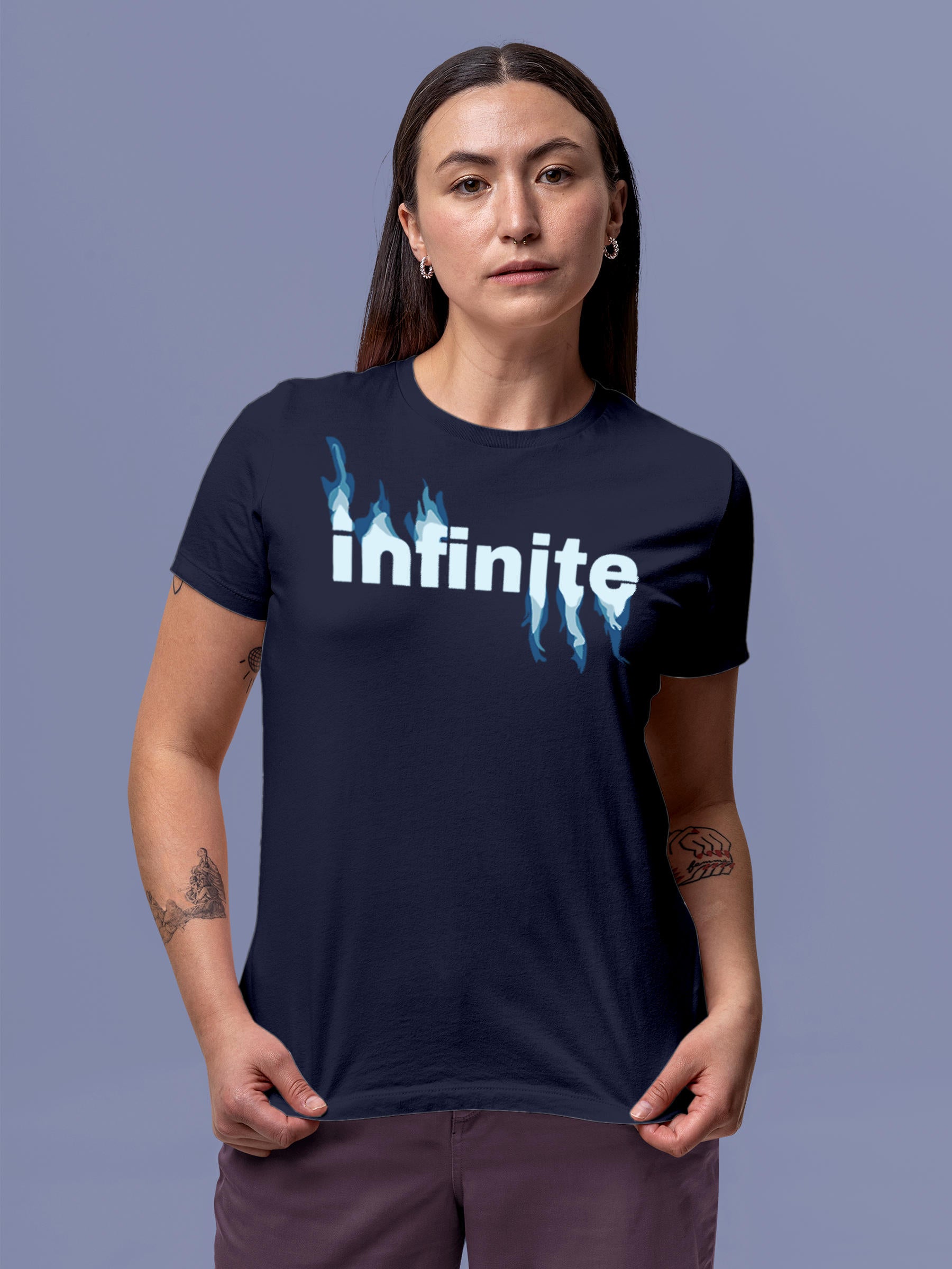 Model wearing Women's Navy Blue Round Neck T-shirt with 'Infinite' design, offering effortless style and premium comfort