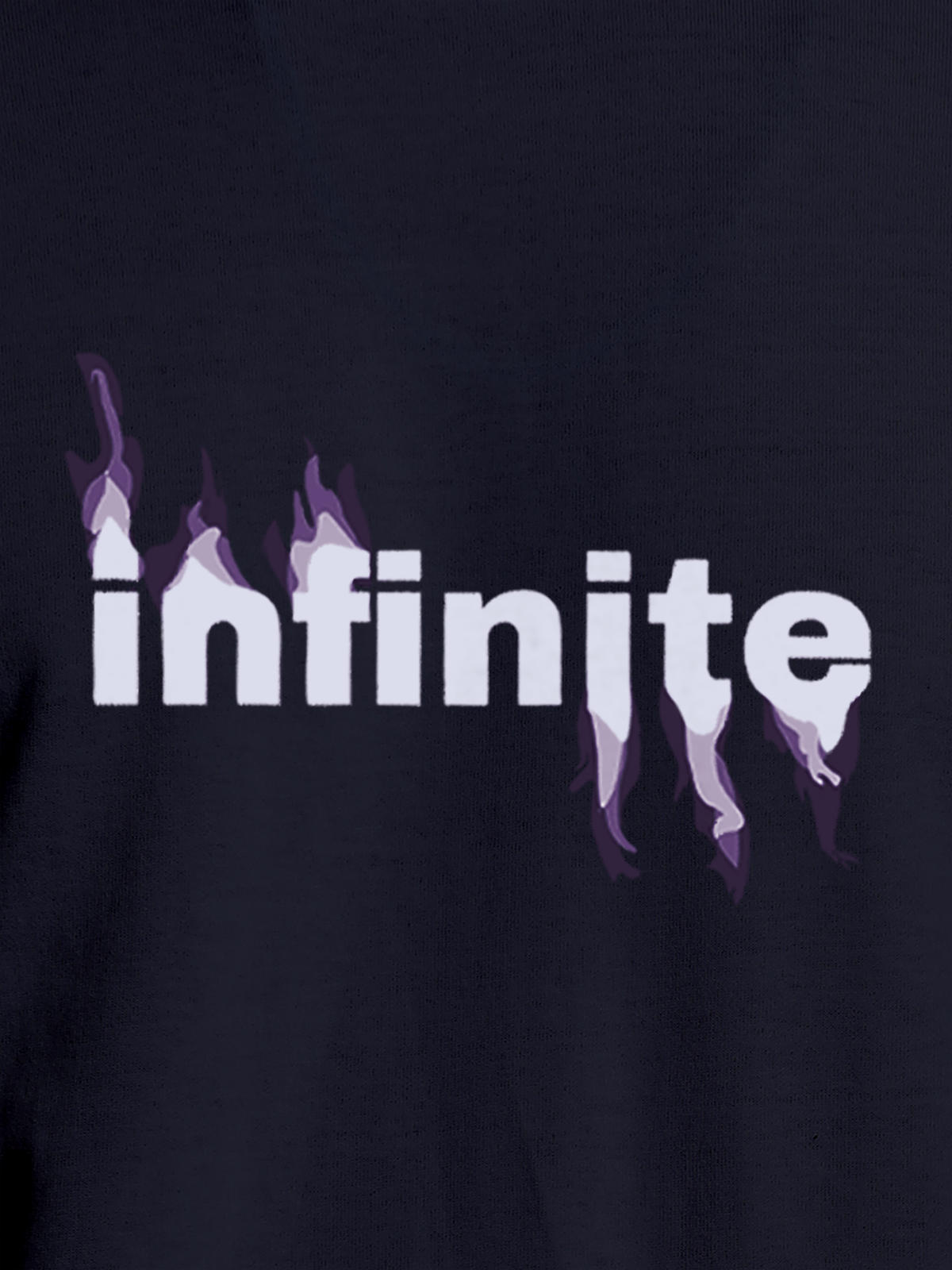 Close up of 'Infinite' design on Women's Navy Blue Round Neck T-shirt, highlighting intricate details and vibrant print.