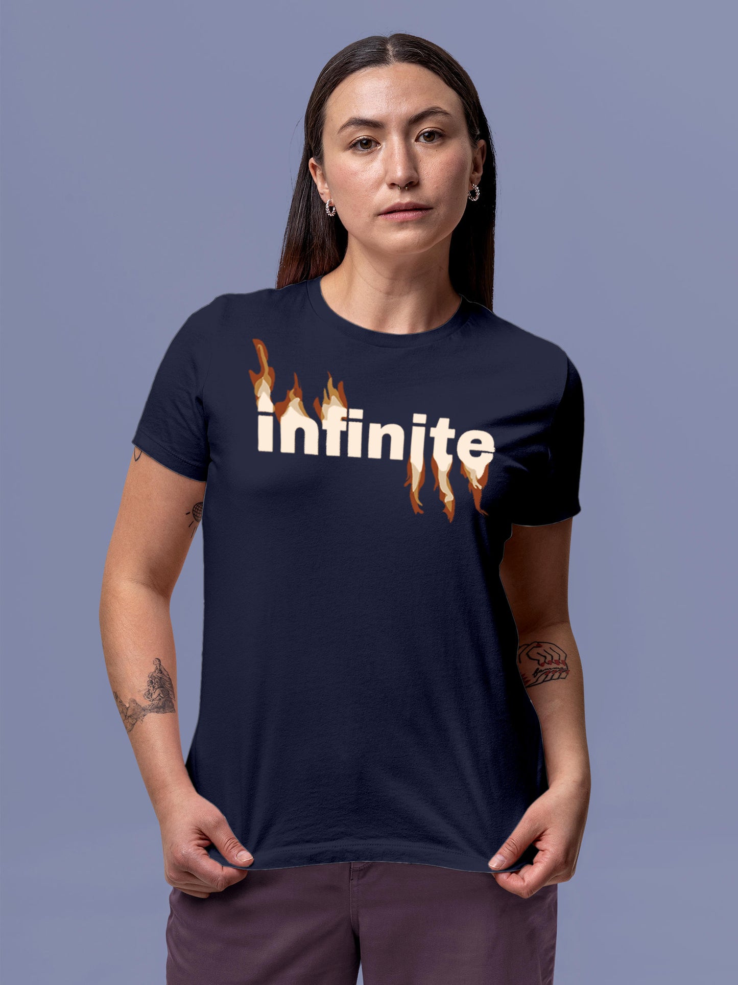 Model wearing Women's Navy Blue Round Neck T-shirt with 'Infinite' design, offering effortless style and premium comfort