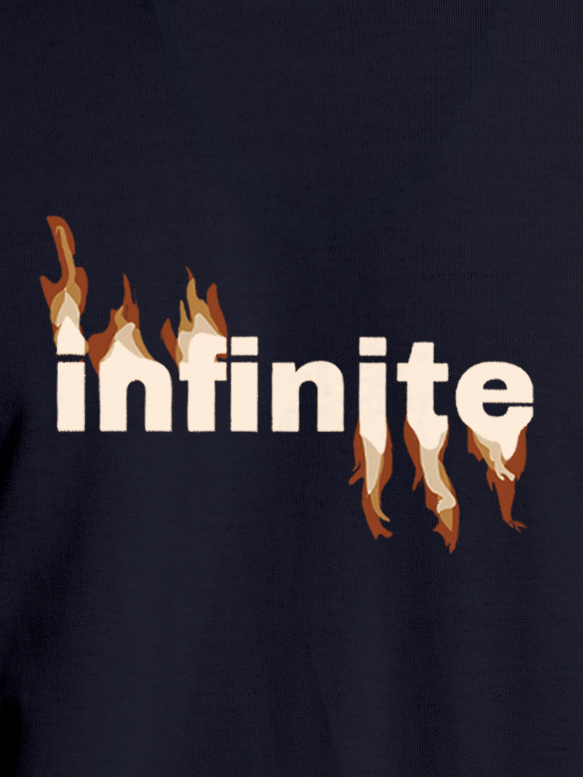 Close up of 'Infinite' design on Women's Navy Blue Round Neck T-shirt, highlighting intricate details and vibrant print.