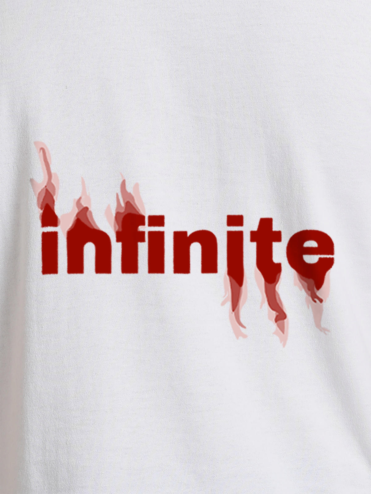 Close up of 'Infinite' design on Men's White Round Neck T-shirt, highlighting intricate details and vibrant print.