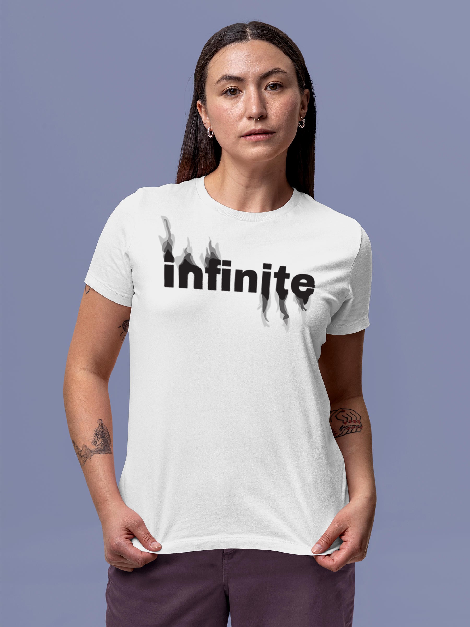 Model wearing Women's White Round Neck T-shirt with 'Infinite' design, offering effortless style and premium comfort