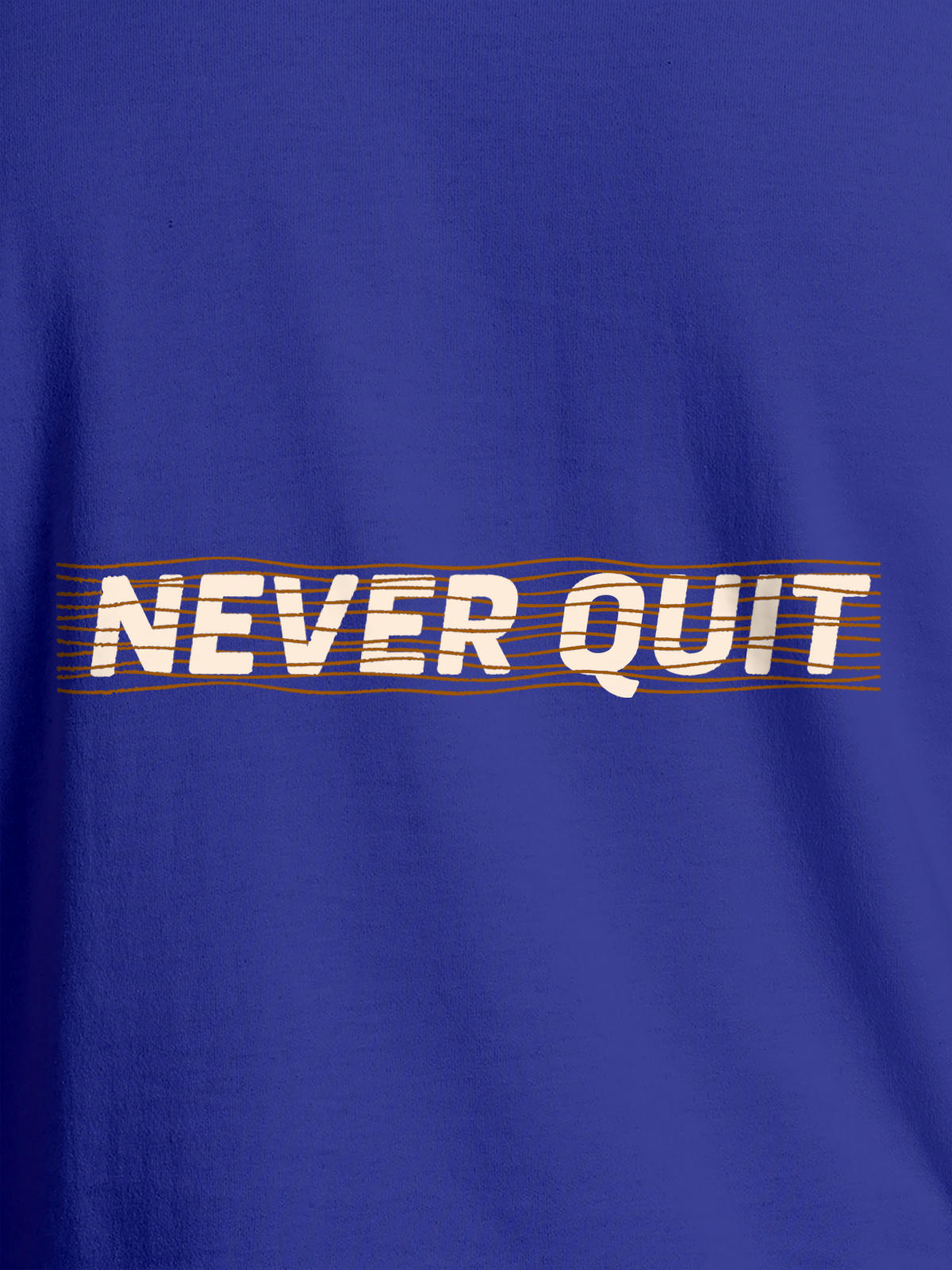 Close up of 'Never Quit' design on Women's Blue Round Neck T-shirt, highlighting intricate details and vibrant print.
