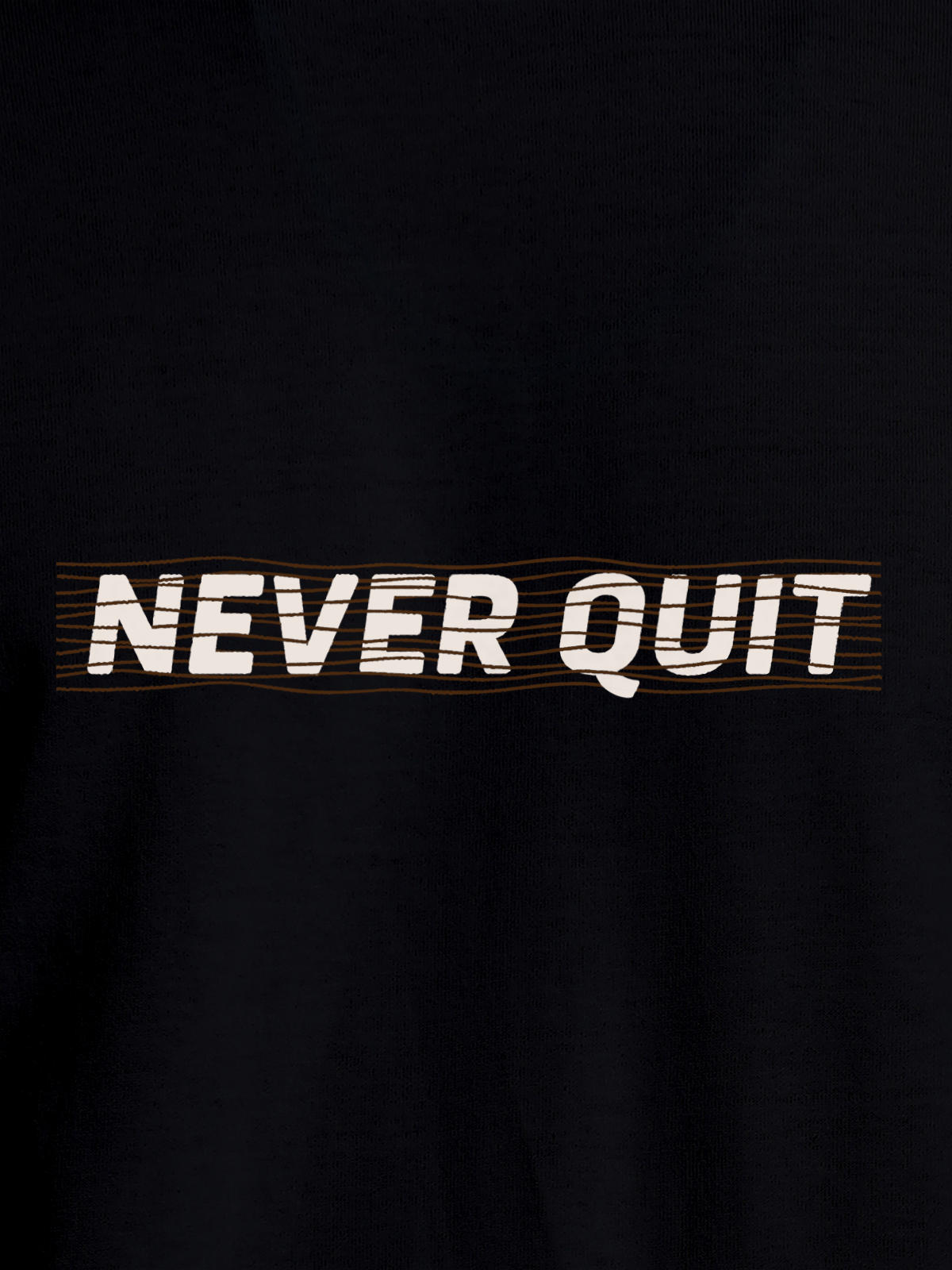 Close up of 'Never Quit' design on Men's Black Round Neck T-shirt, highlighting intricate details and vibrant print.
