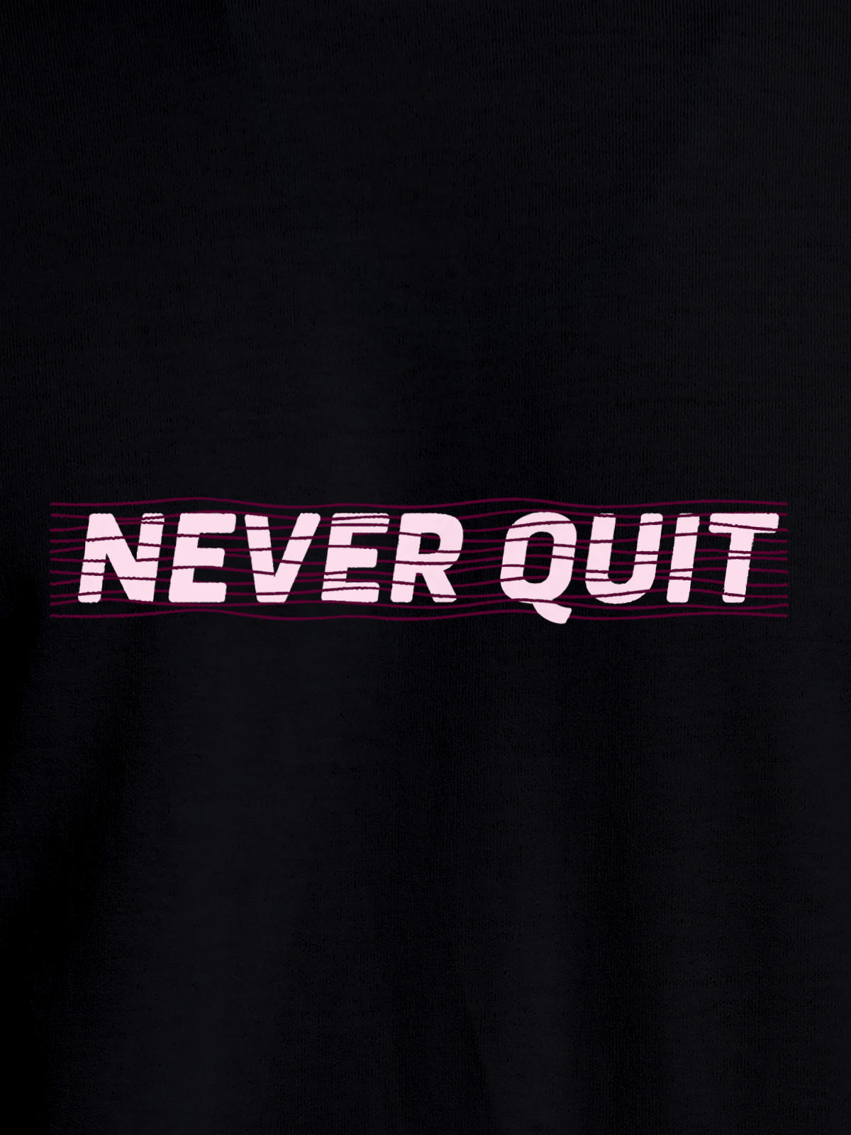 Close up of 'Never Quit' design on Men's Black Round Neck T-shirt, highlighting intricate details and vibrant print.