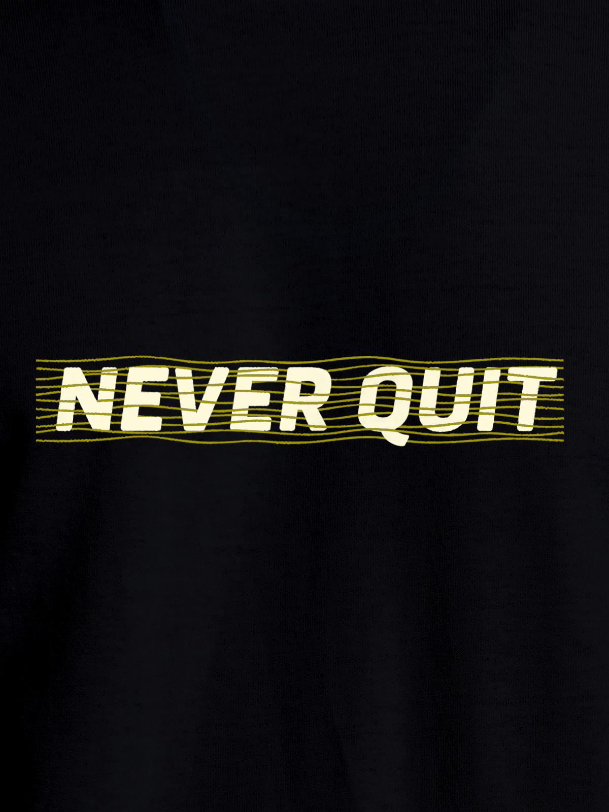 Close up of 'Never Quit' design on Men's Black Round Neck T-shirt, highlighting intricate details and vibrant print.