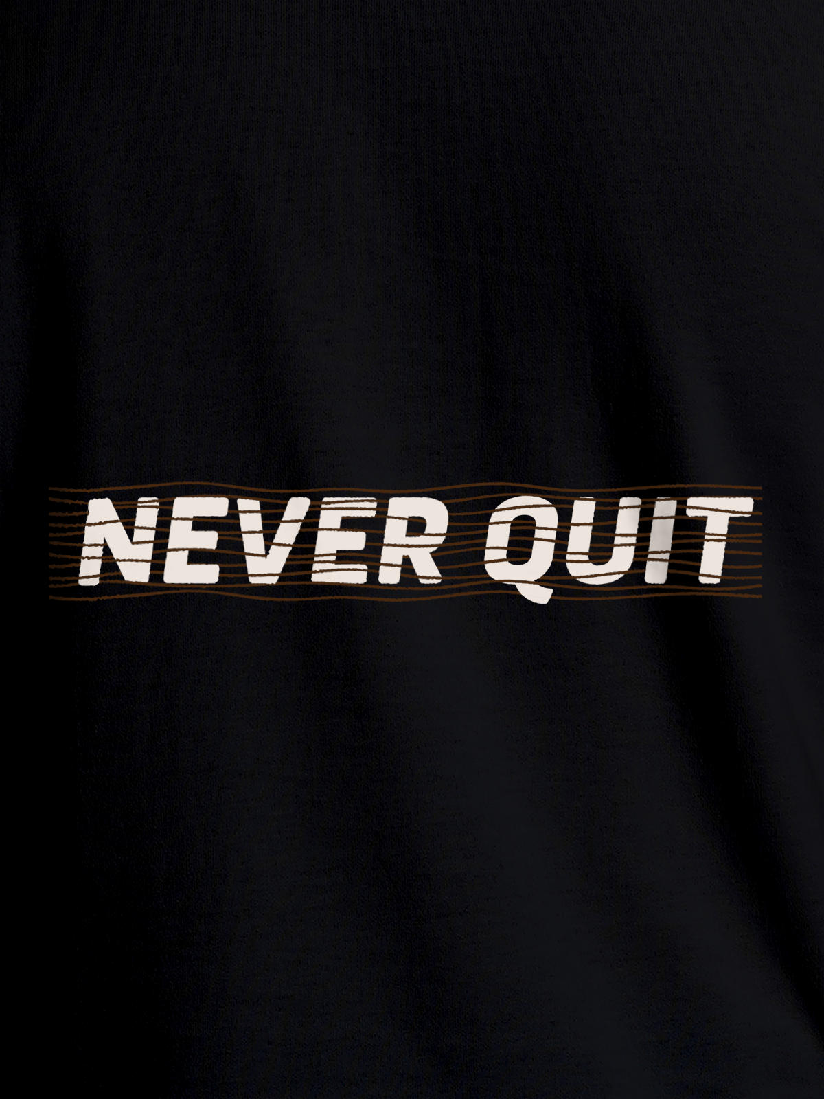 Close up of 'Never Quit' design on Women's Black Round Neck T-shirt, highlighting intricate details and vibrant print.