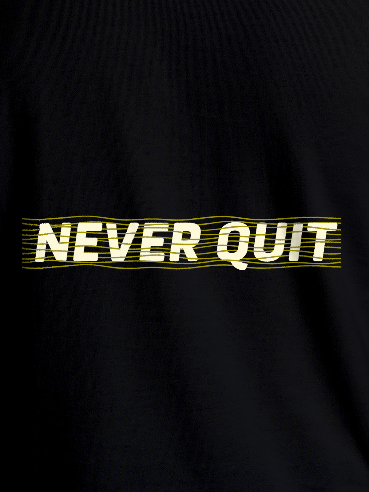 Close up of 'Never Quit' design on Women's Black Round Neck T-shirt, highlighting intricate details and vibrant print.